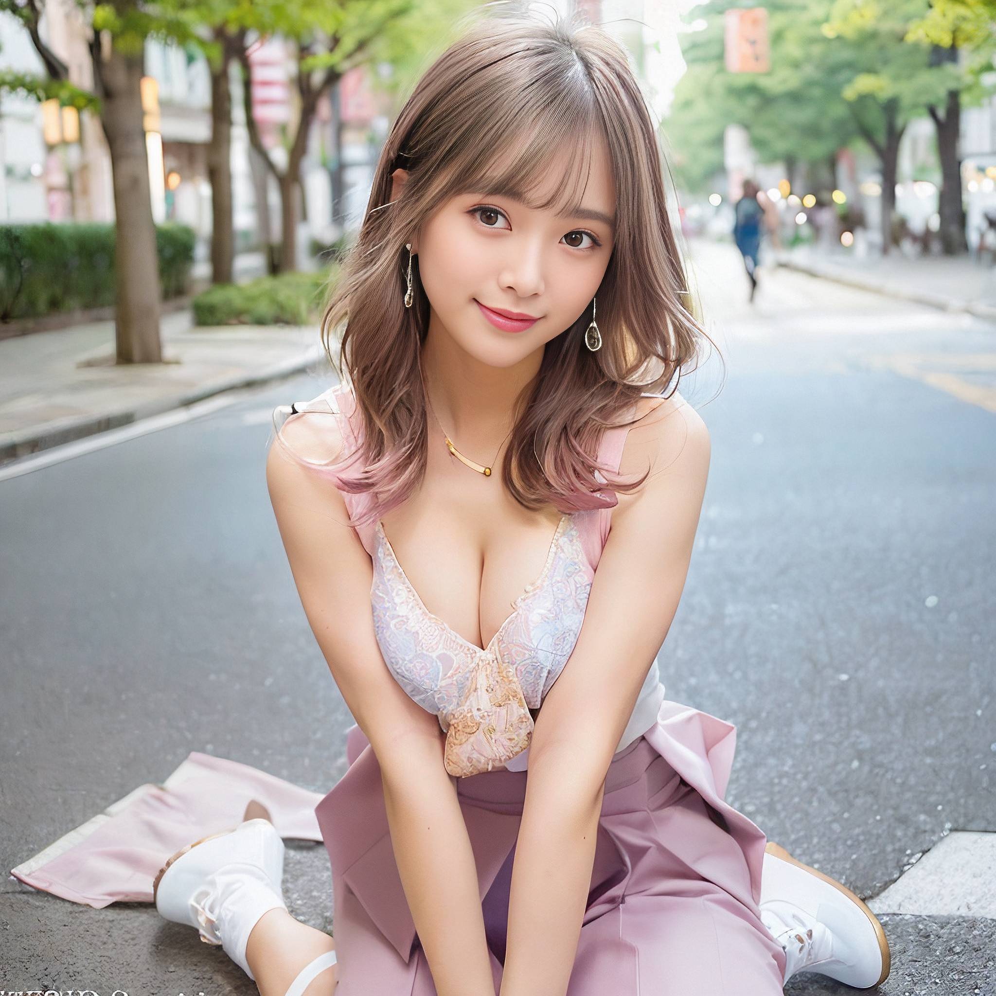 a woman sitting on the side of the road 