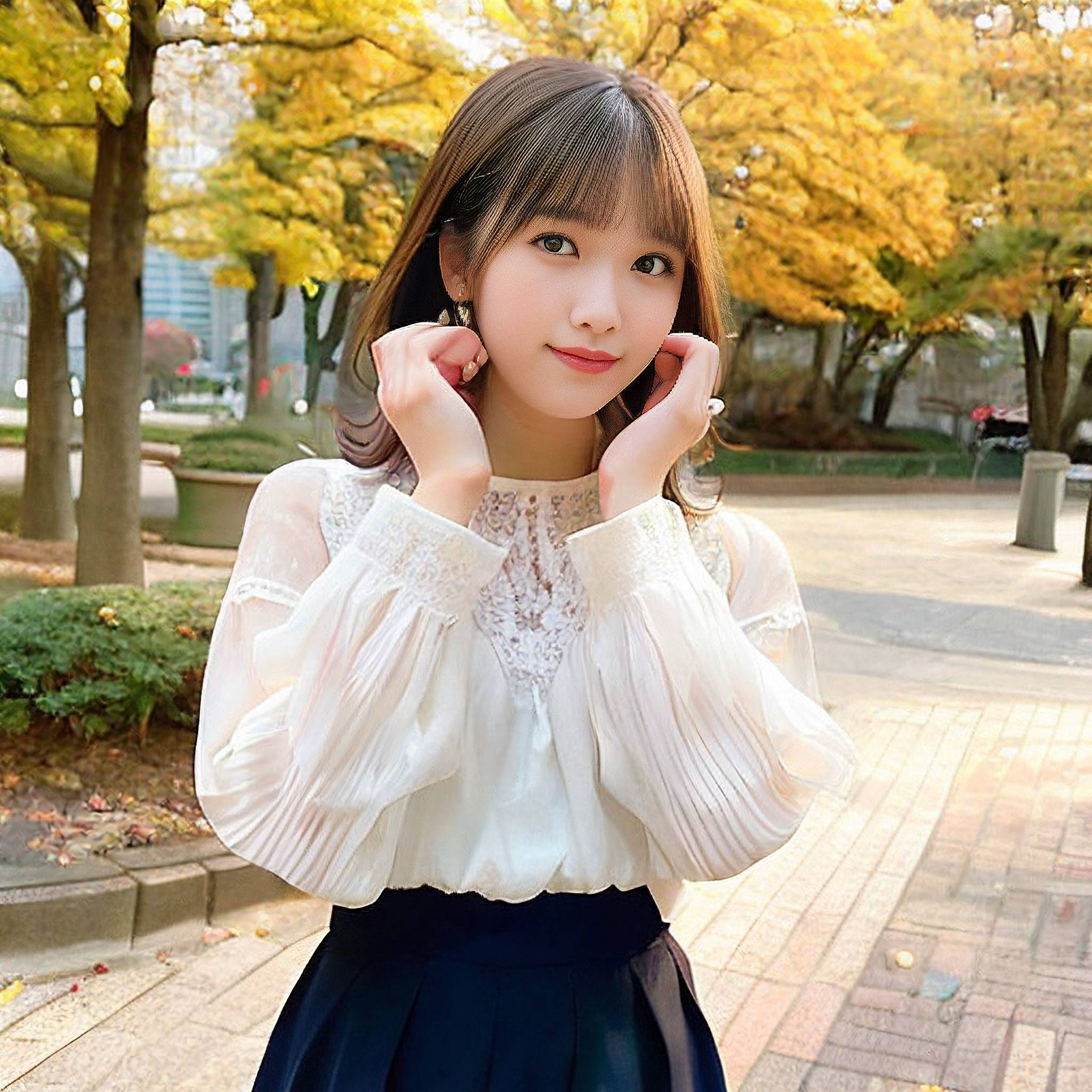 a young girl is posing for a picture in a park 