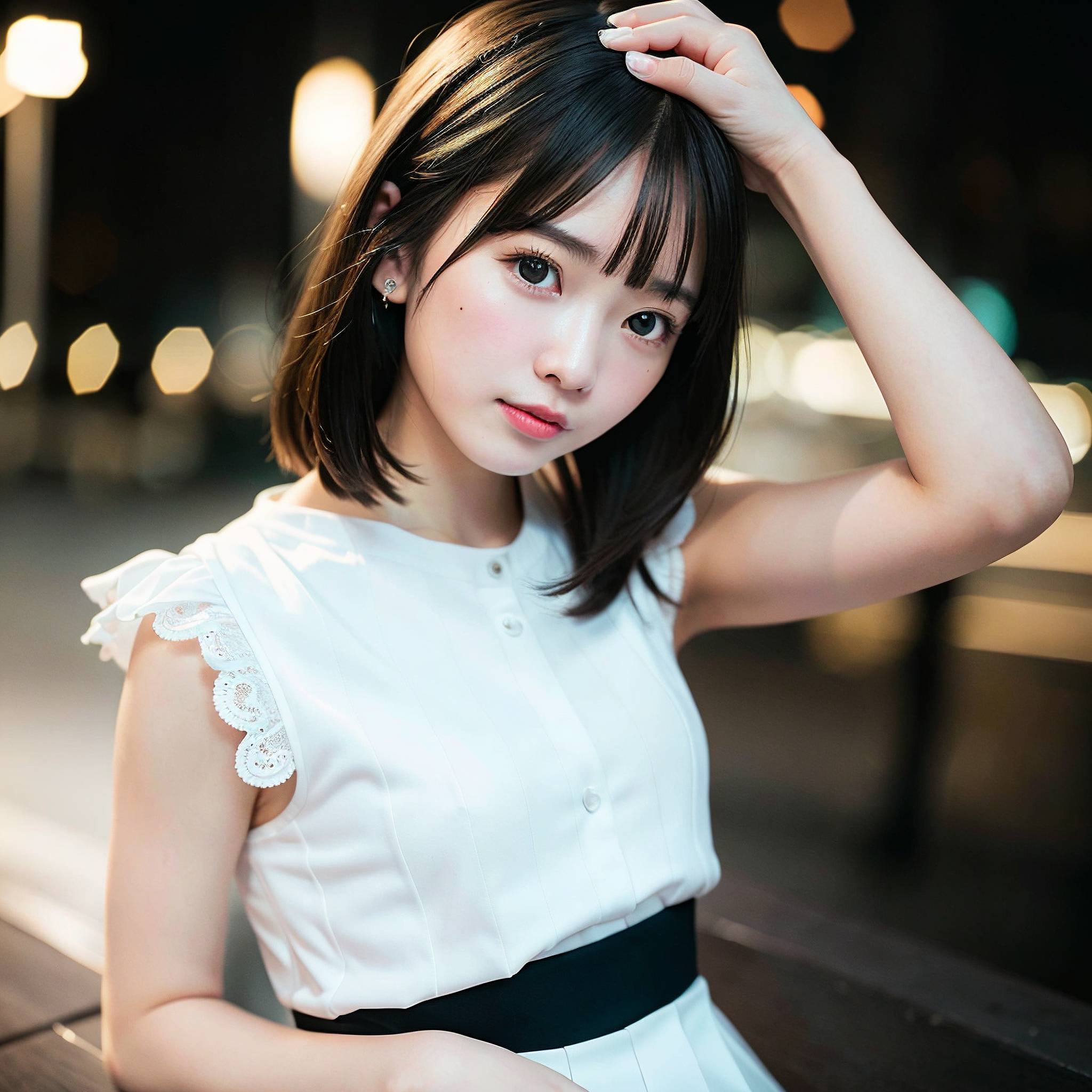 a young woman in a white dress posing for a picture 