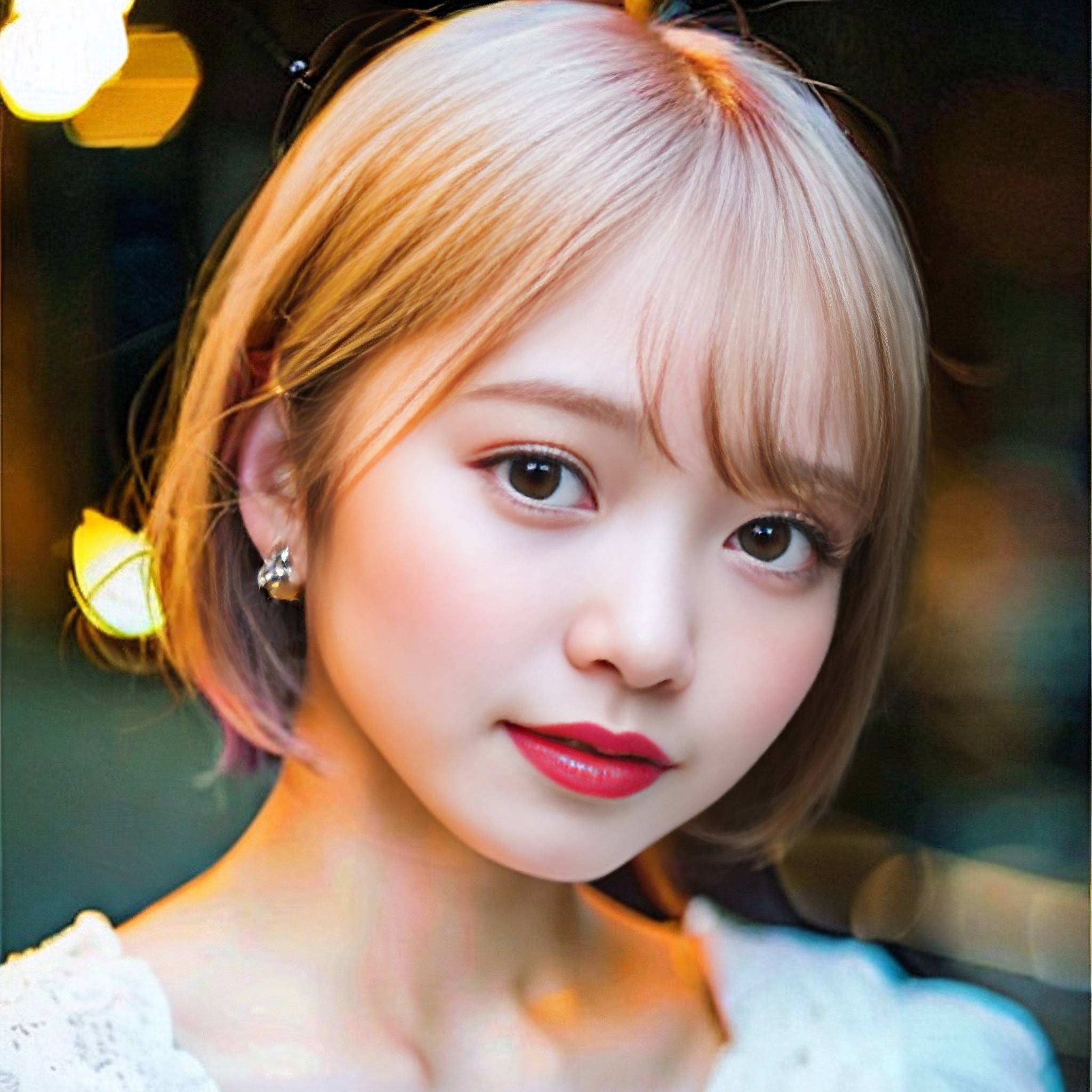 a woman in a pink dress is looking at the camera 