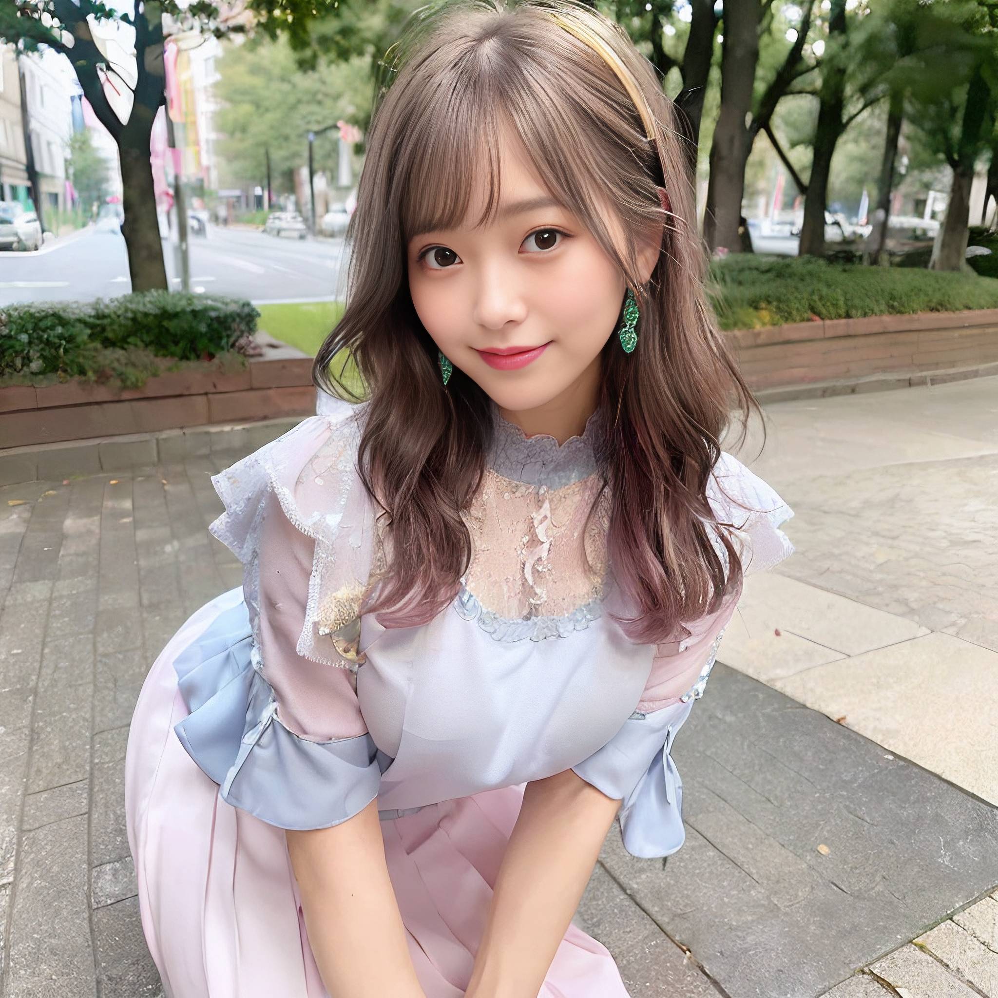 a young girl posing for a picture in front of a tree 