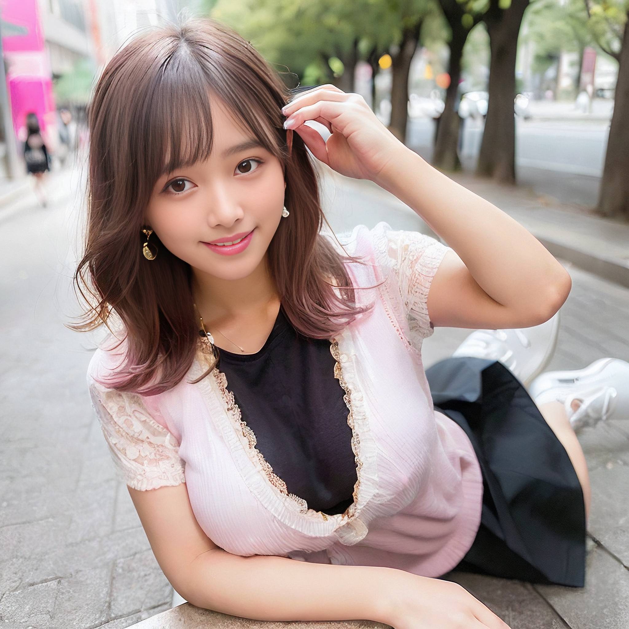 a woman sitting on a sidewalk holding a cell phone 