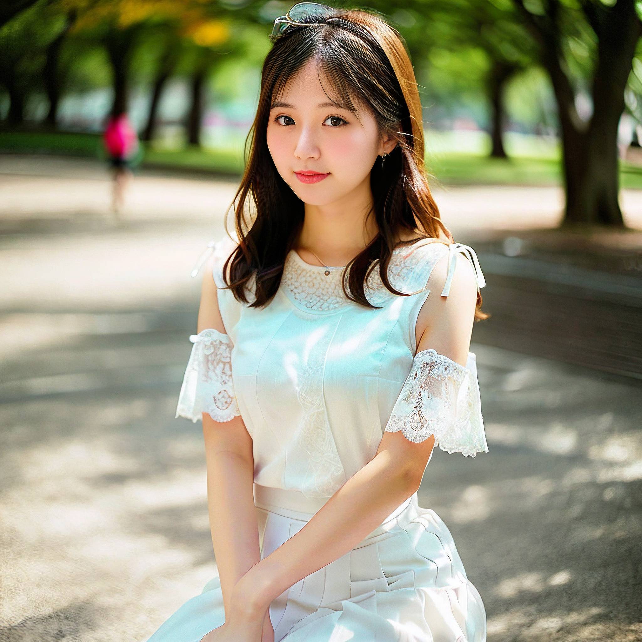a young woman in a white dress holding a pink flower 