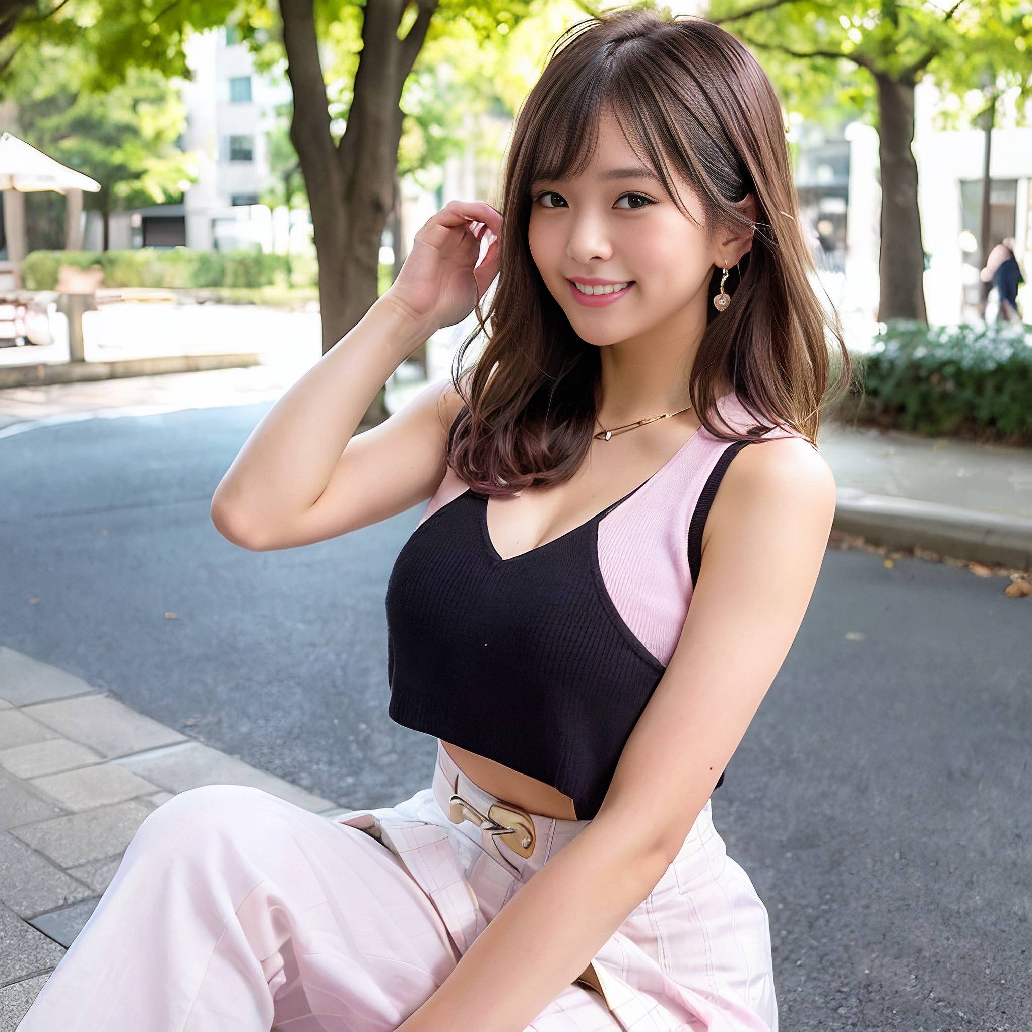 a young woman is posing for a picture on the sidewalk 