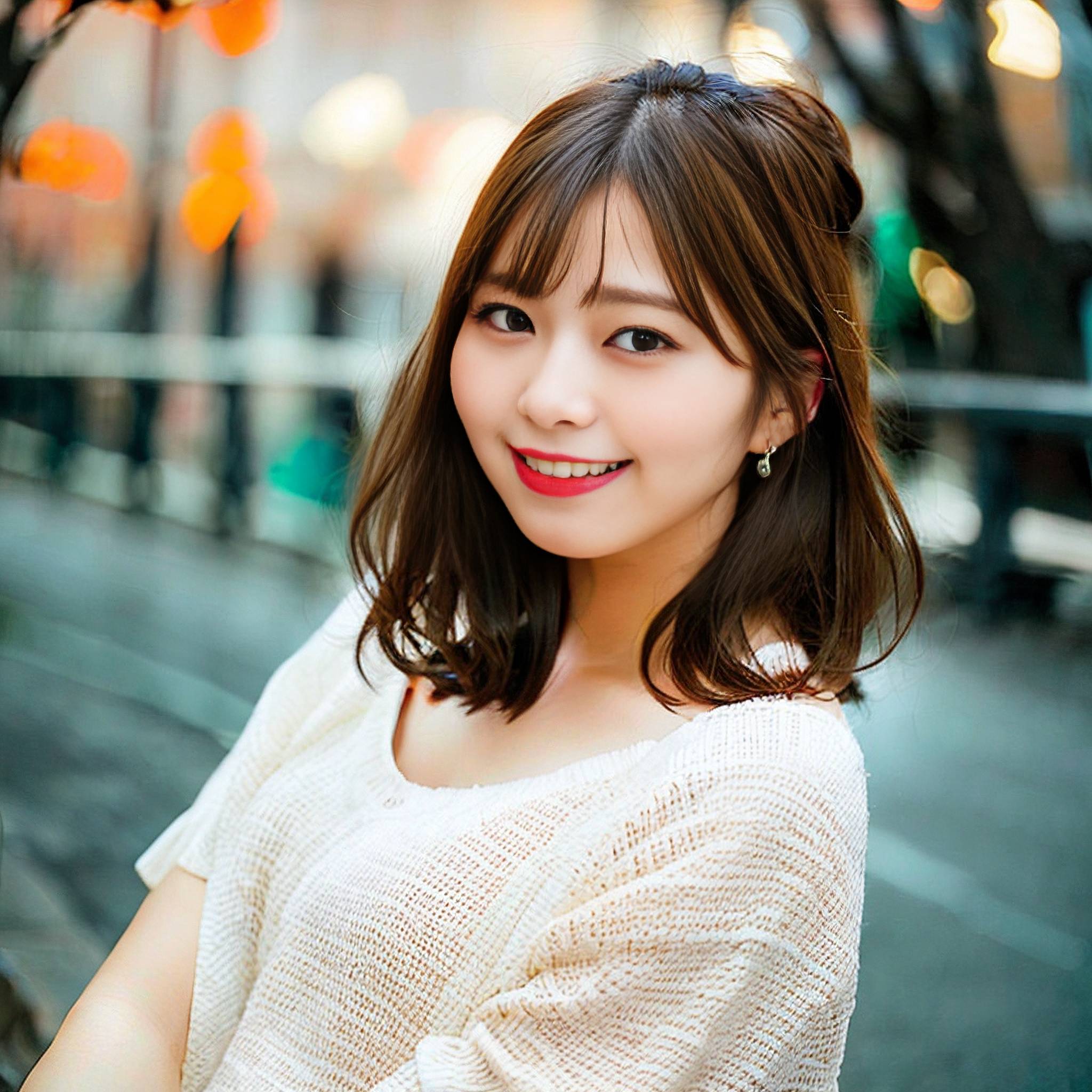 a beautiful young woman sitting on a city street 