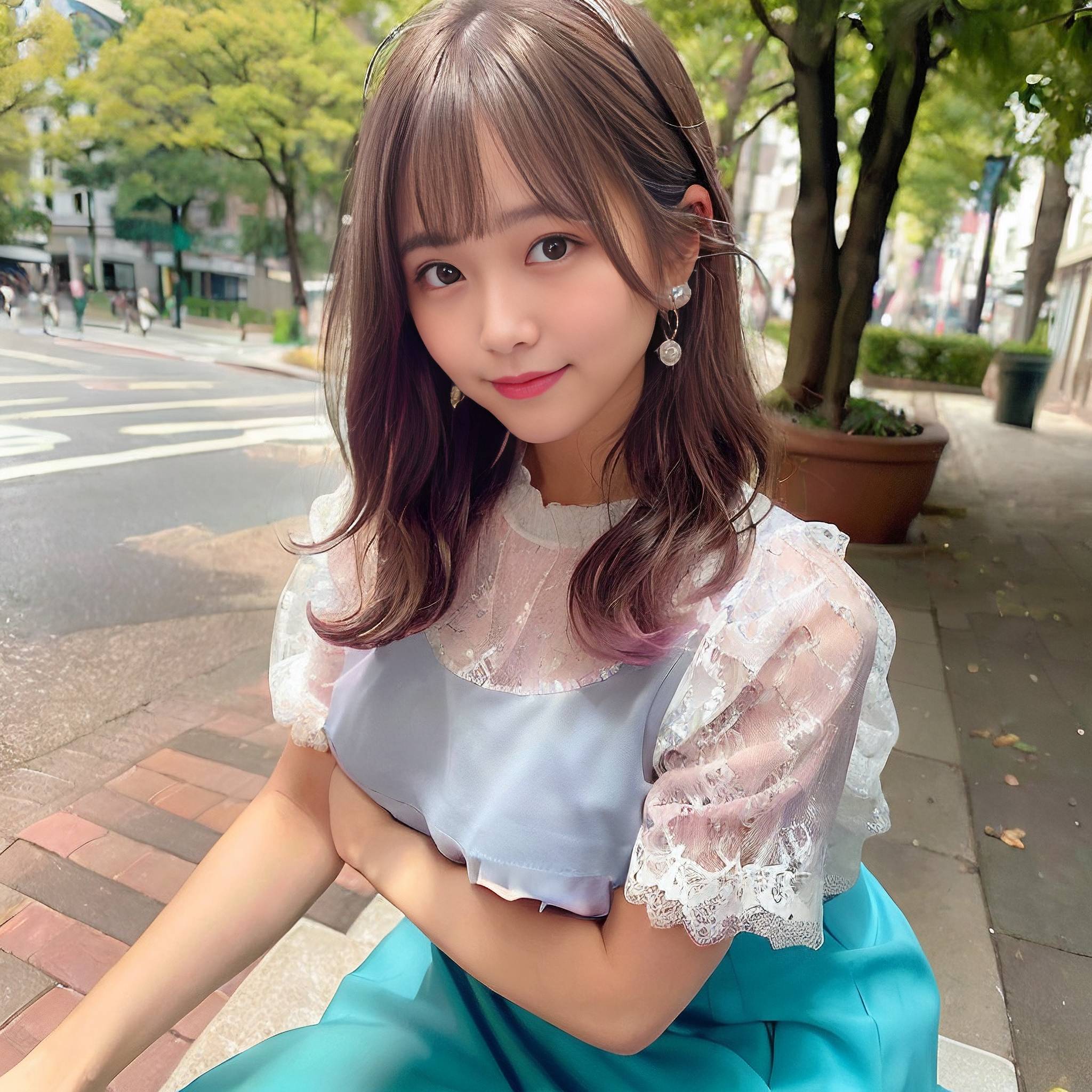 a young girl in a pink dress sitting on a sidewalk 