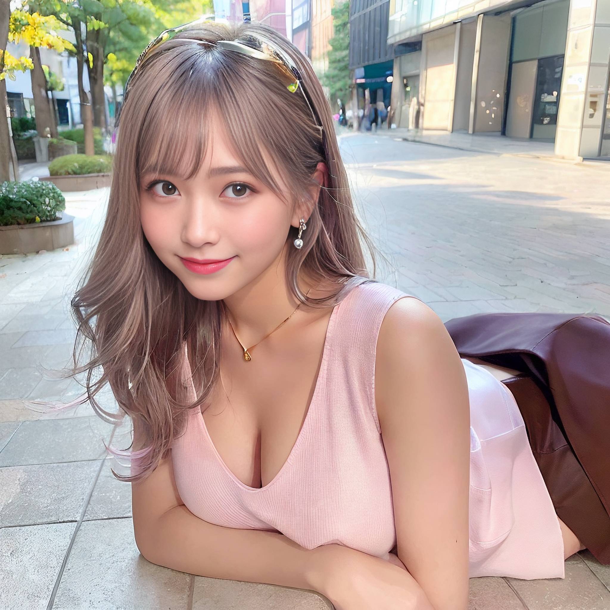 a pretty young lady sitting on the sidewalk 