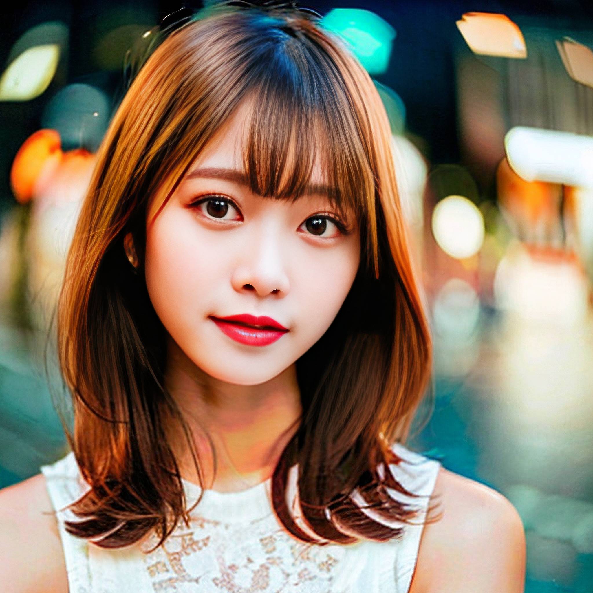 a young girl with long hair standing in the middle of a street 