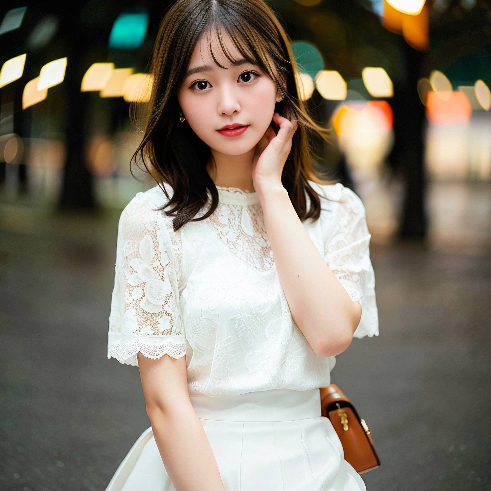 a young woman in a white dress talking on a cell phone 
