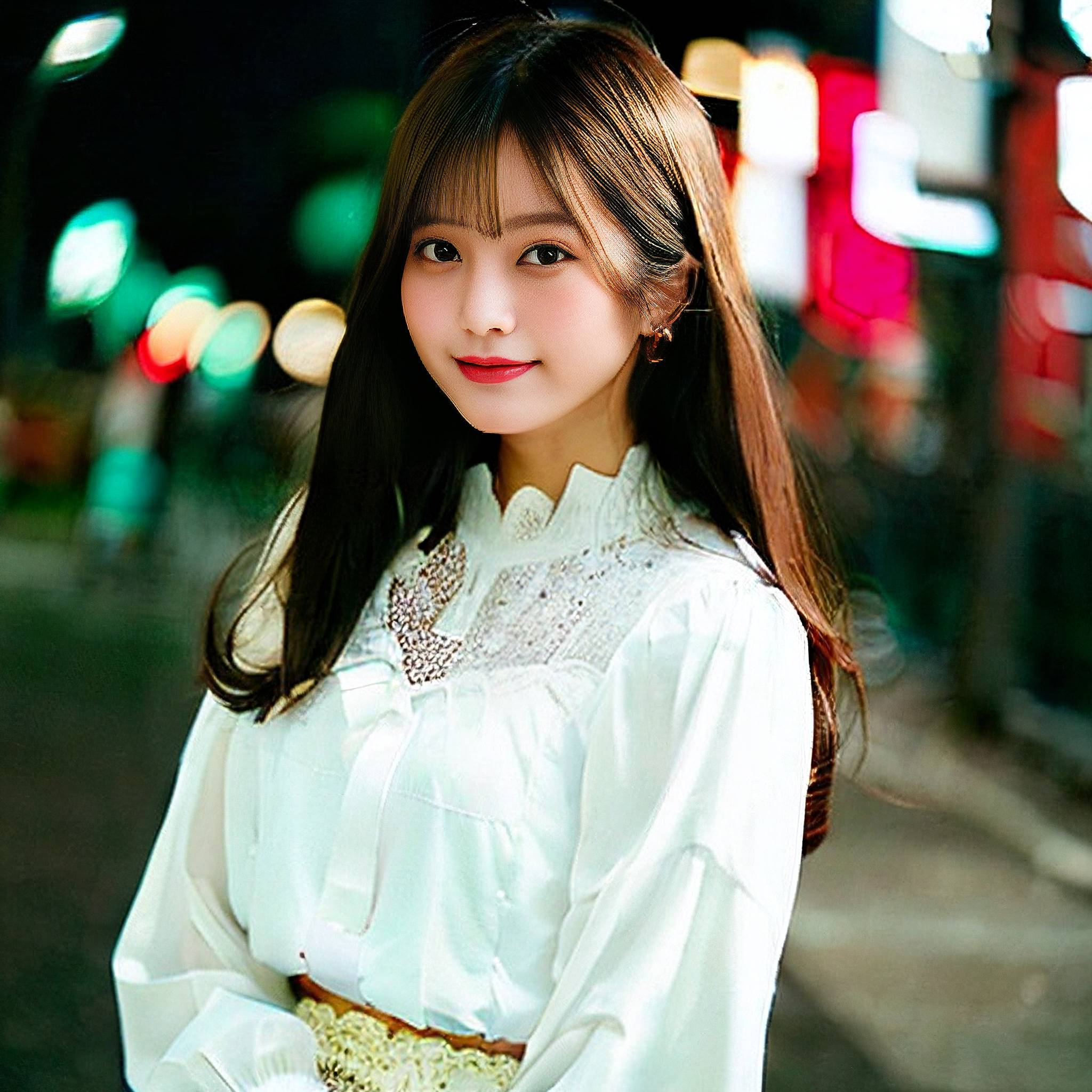 a woman in a white dress standing in the middle of a street 