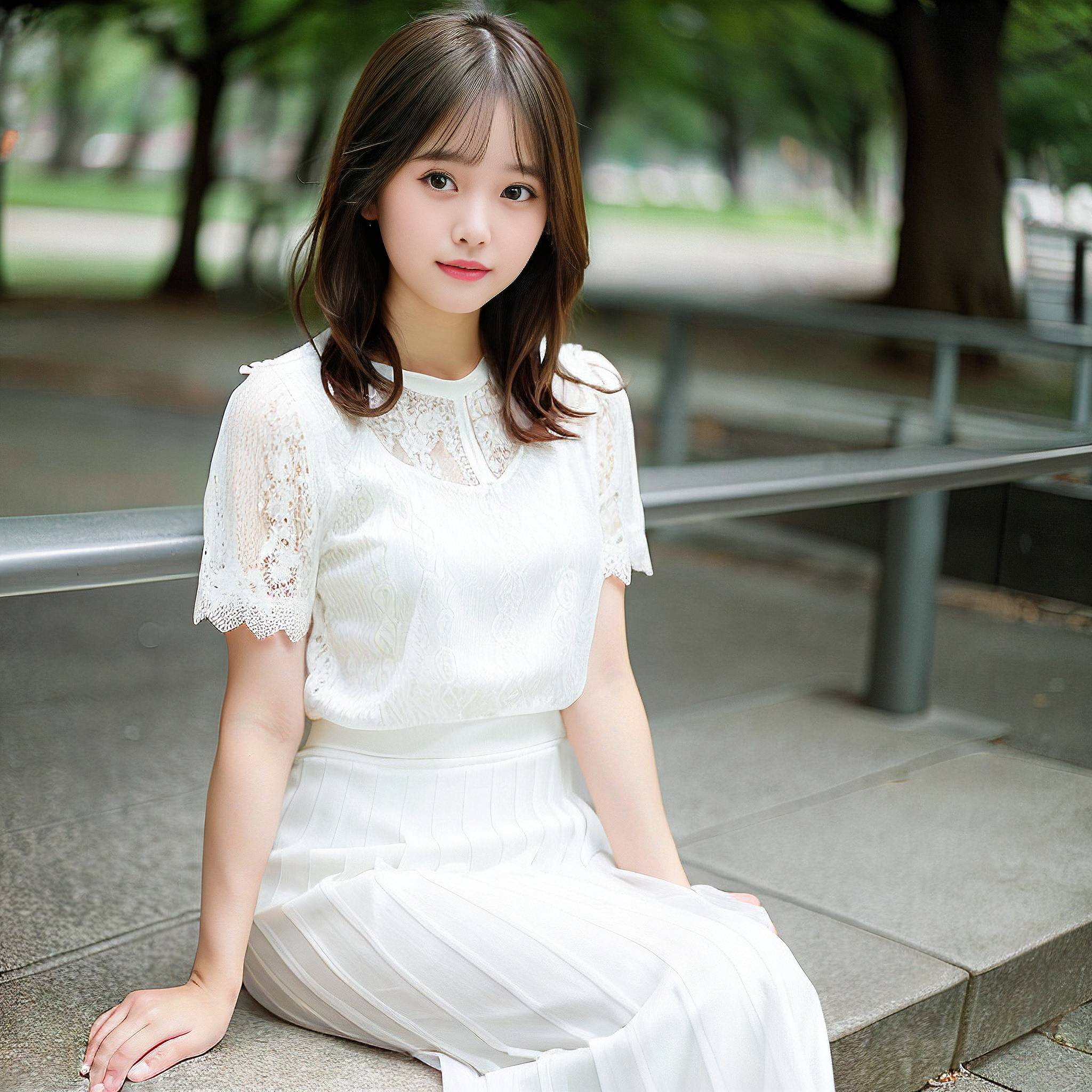 a beautiful young woman sitting on a park bench 