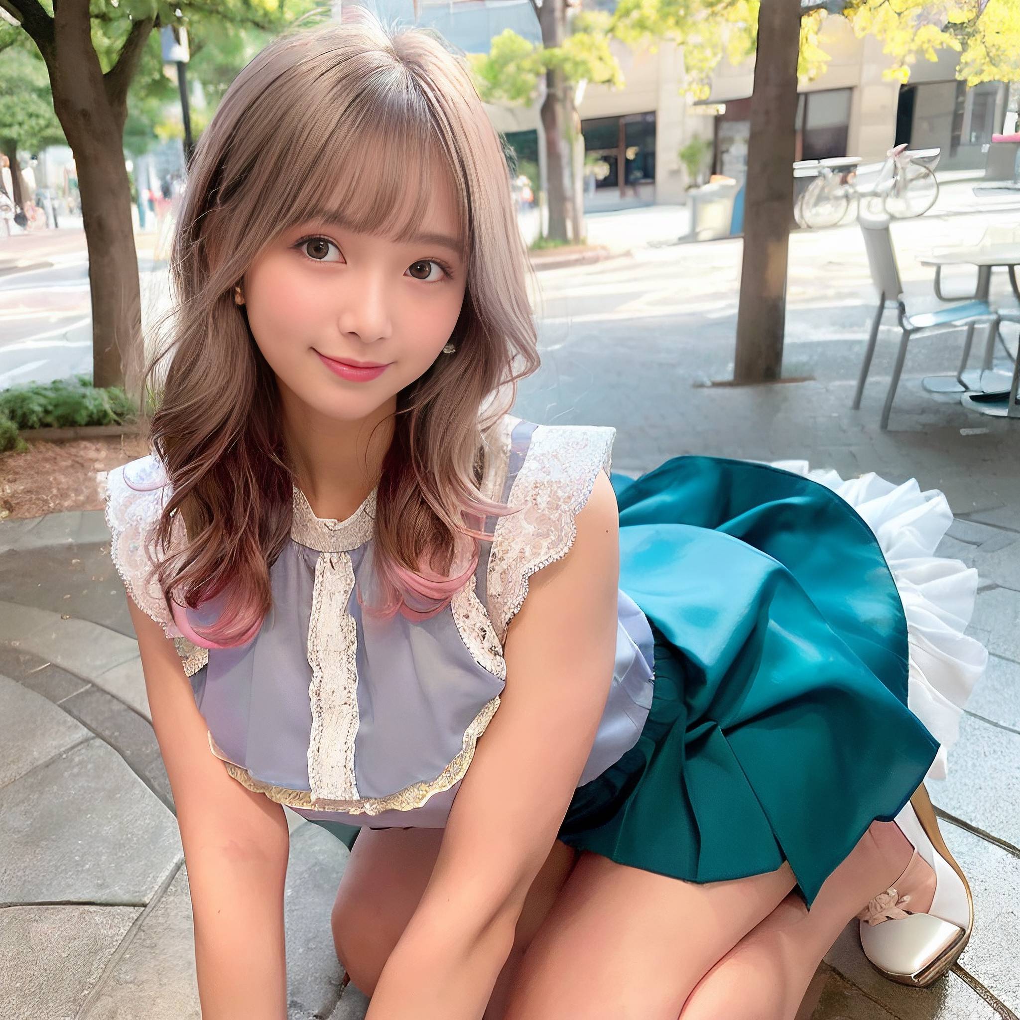 a young girl wearing a blue dress and holding a blue umbrella 