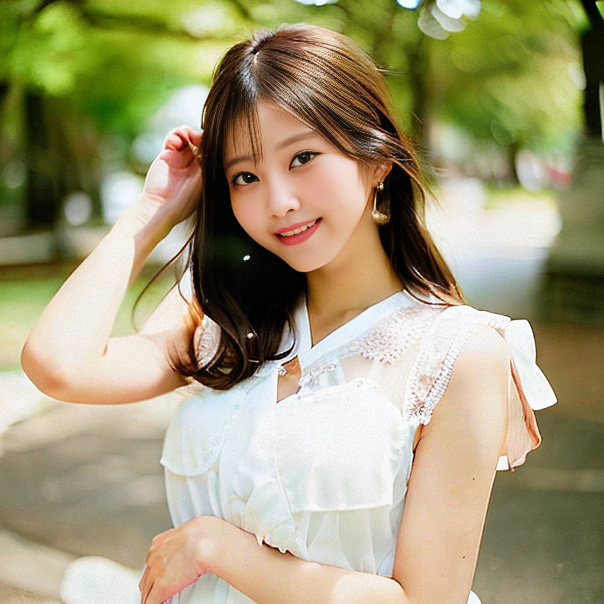 a beautiful young woman in a white dress holding a white comb 