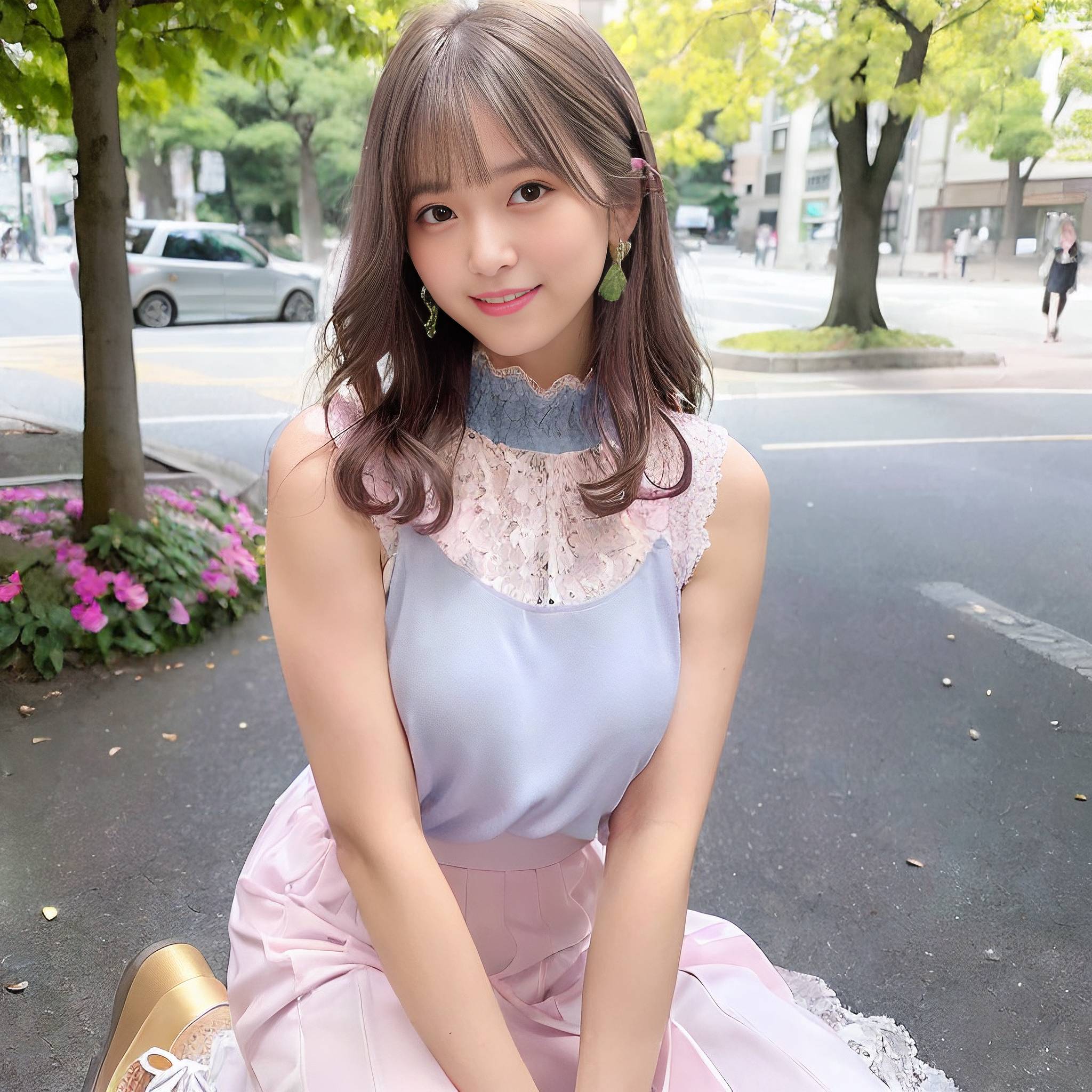 a young girl wearing a pink dress sitting on a sidewalk 