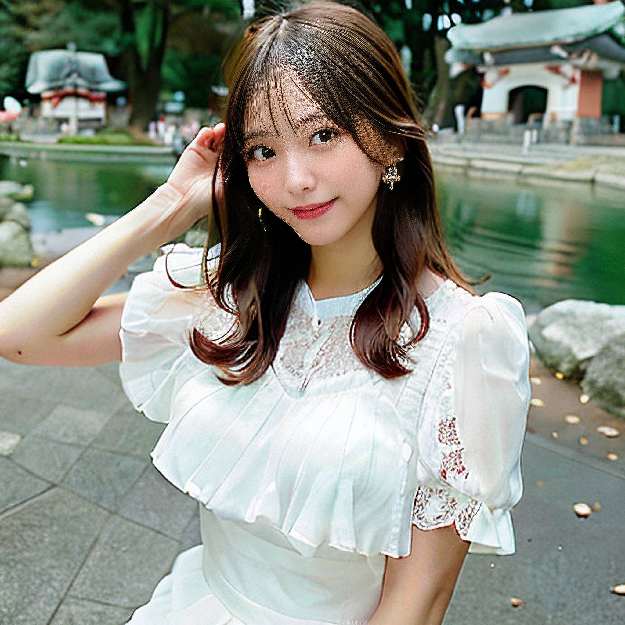 a beautiful young woman posing for a picture in front of a river 