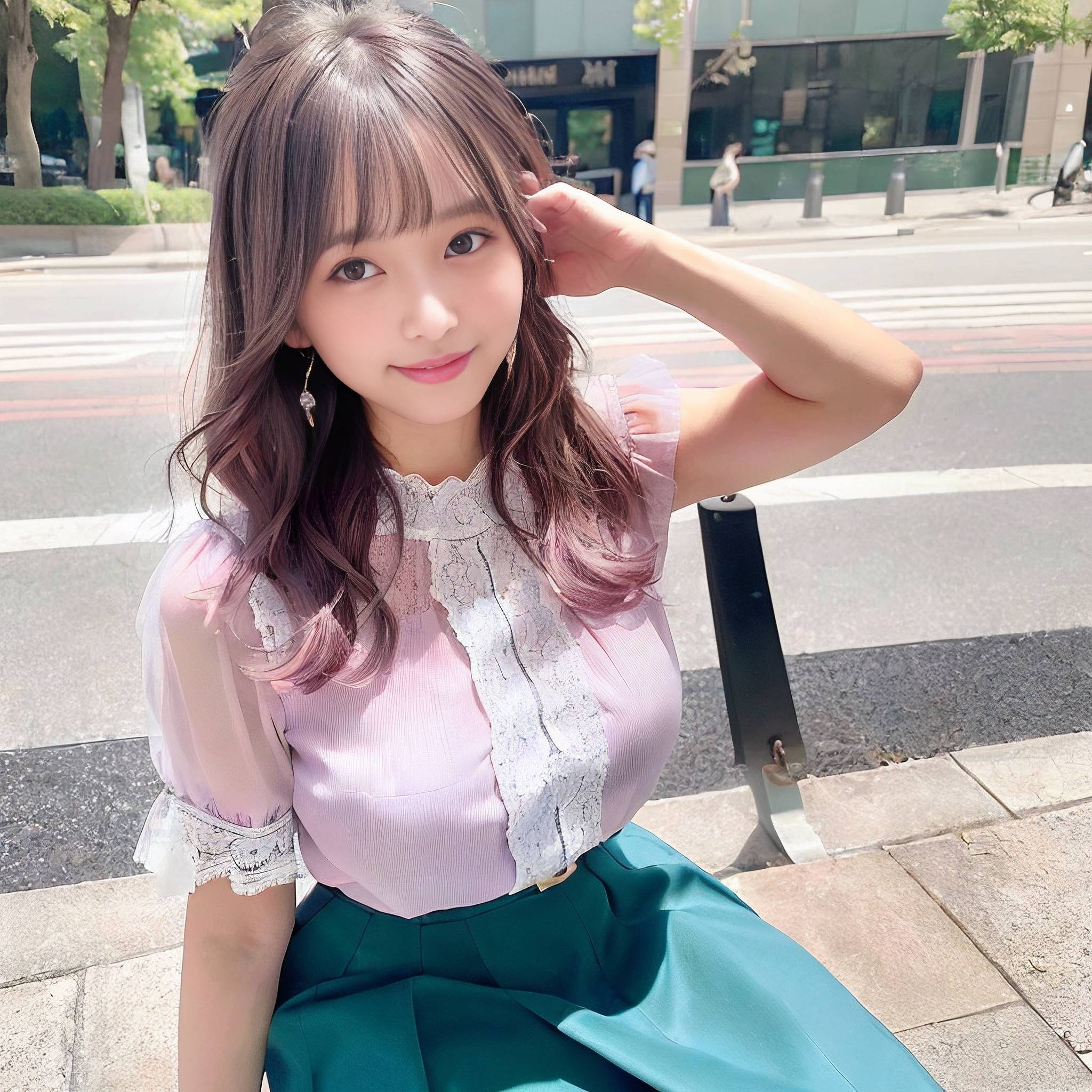 a young girl is sitting on a park bench 