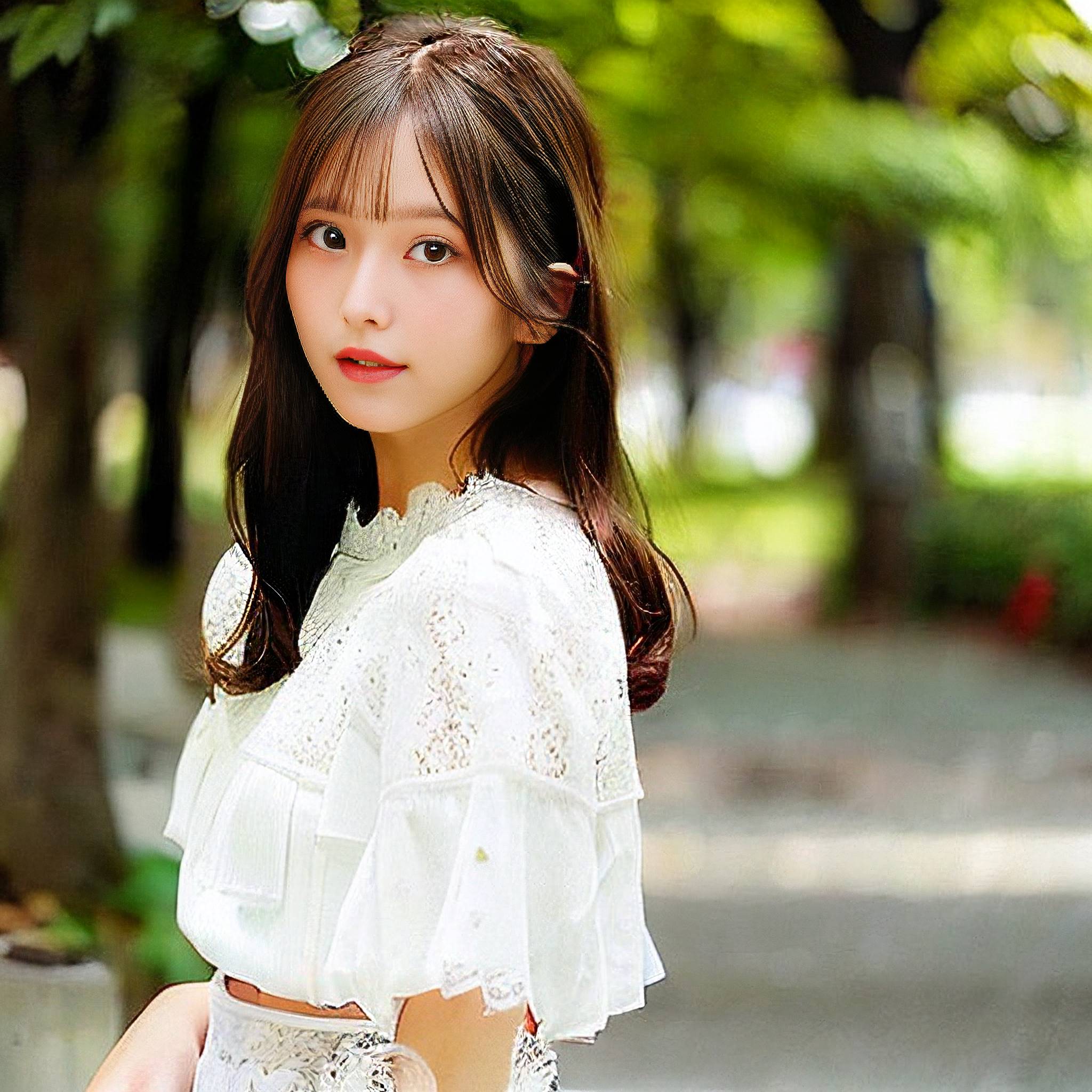 a young girl is posing for a picture in a park 