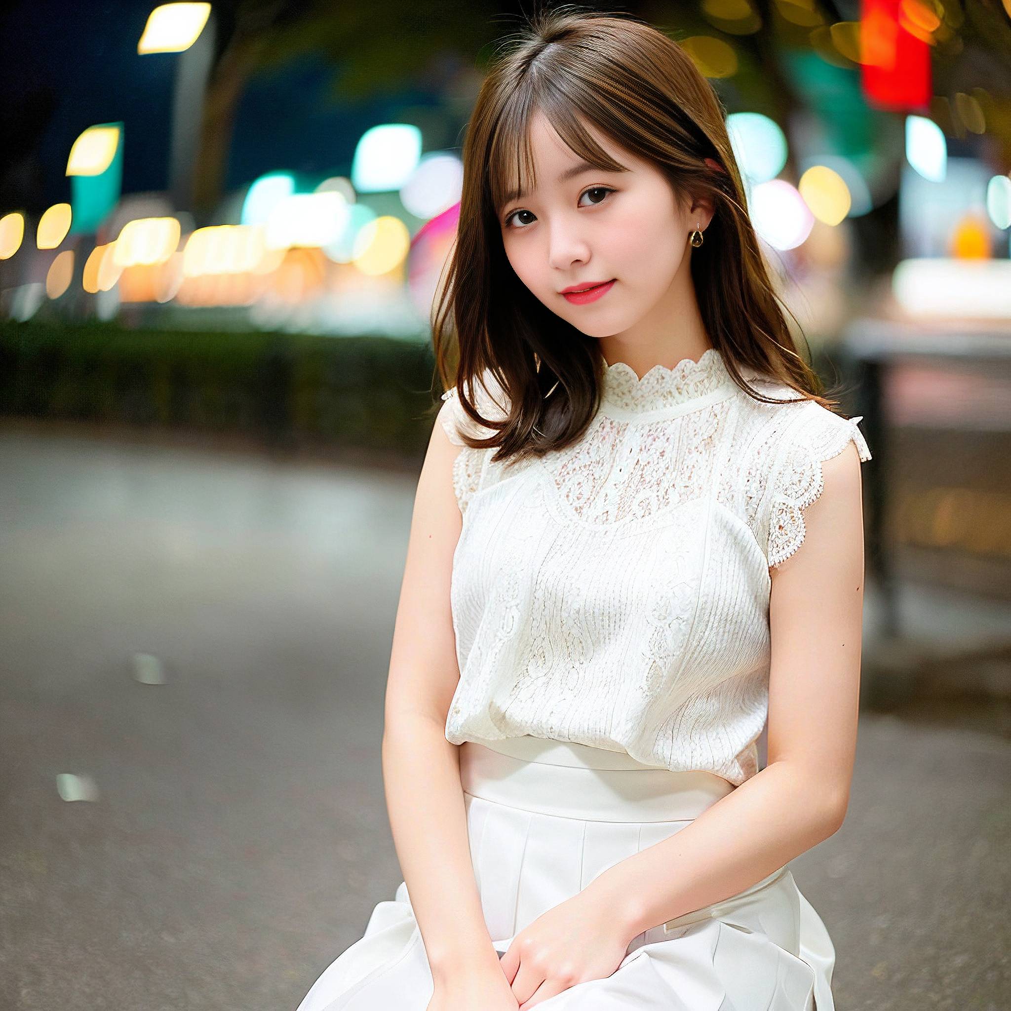 a young girl sitting on a sidewalk with a bouquet of flowers 