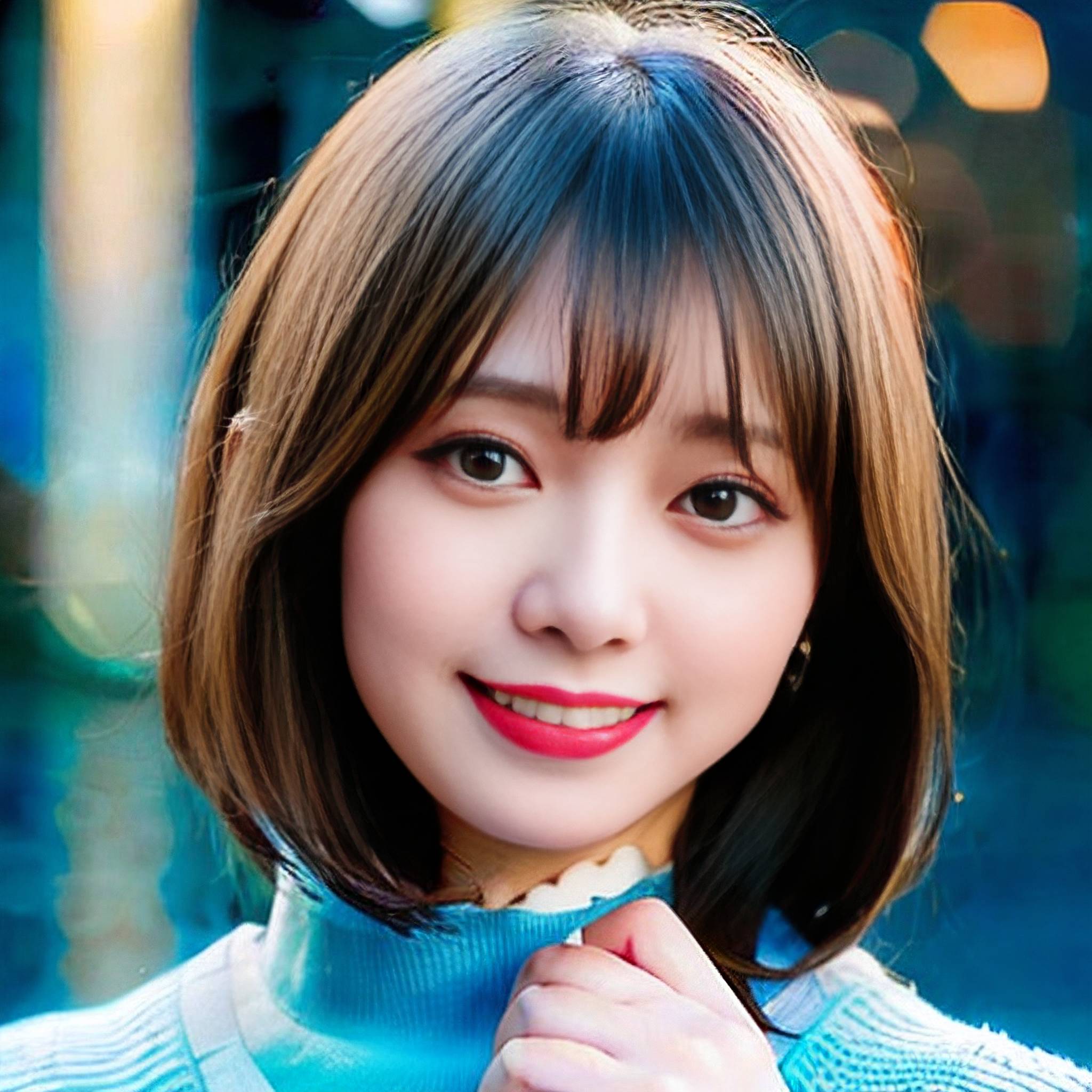 a woman in a blue shirt and black pants posing for a picture 