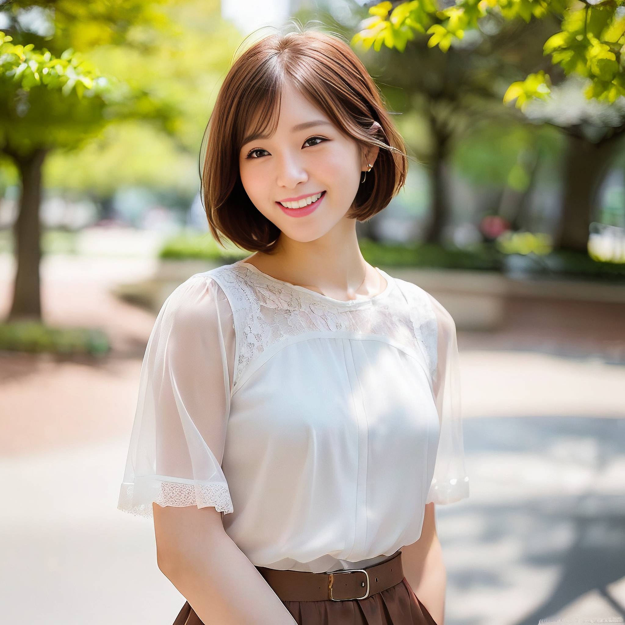 a young girl posing for a picture in front of a tree 