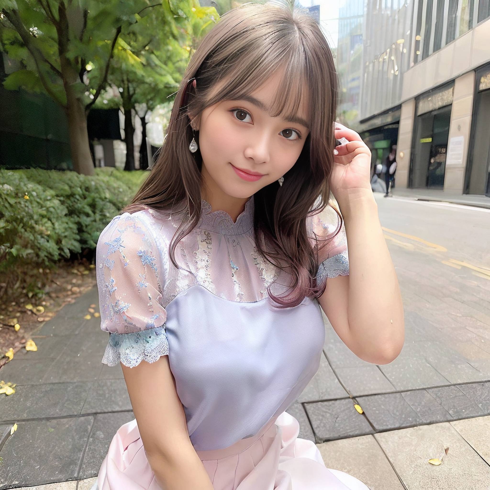 a young girl is posing for a picture with a cell phone 