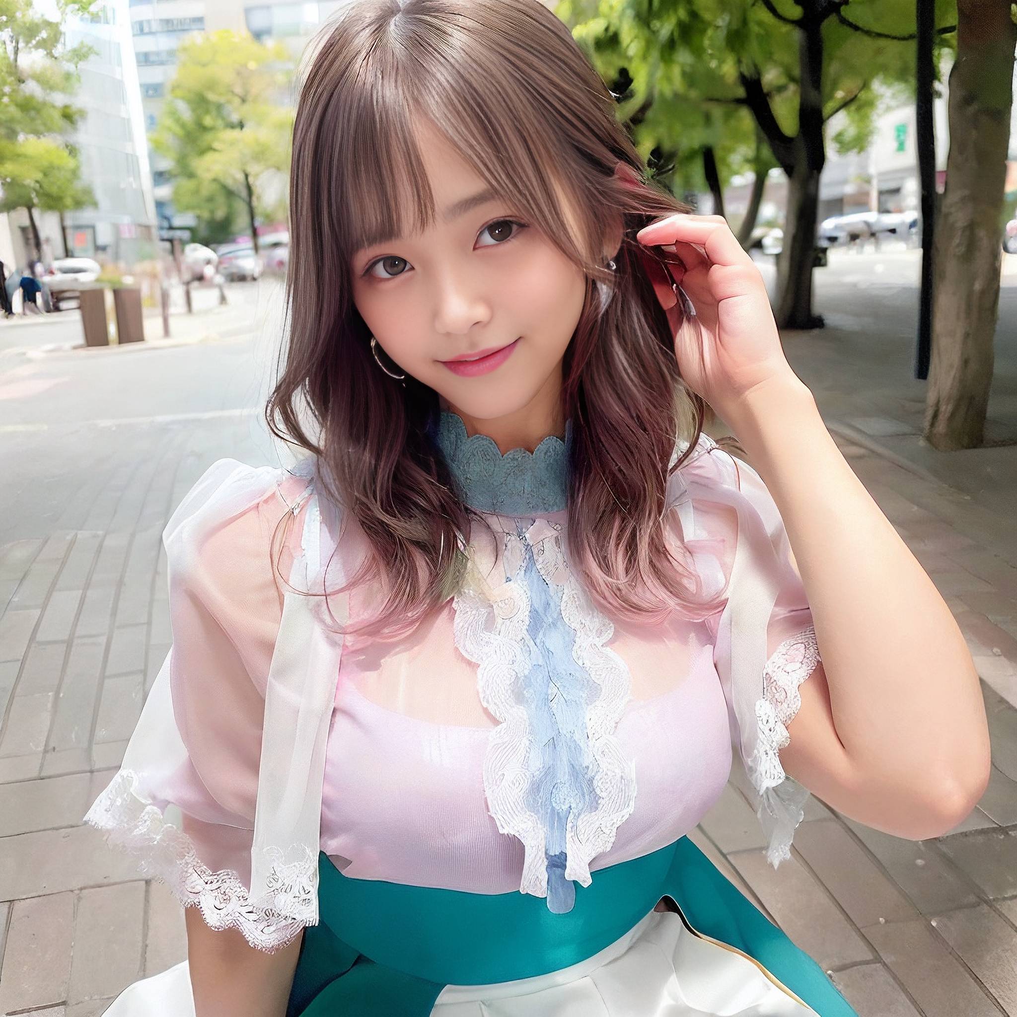 a woman in a pink dress holding a cell phone 