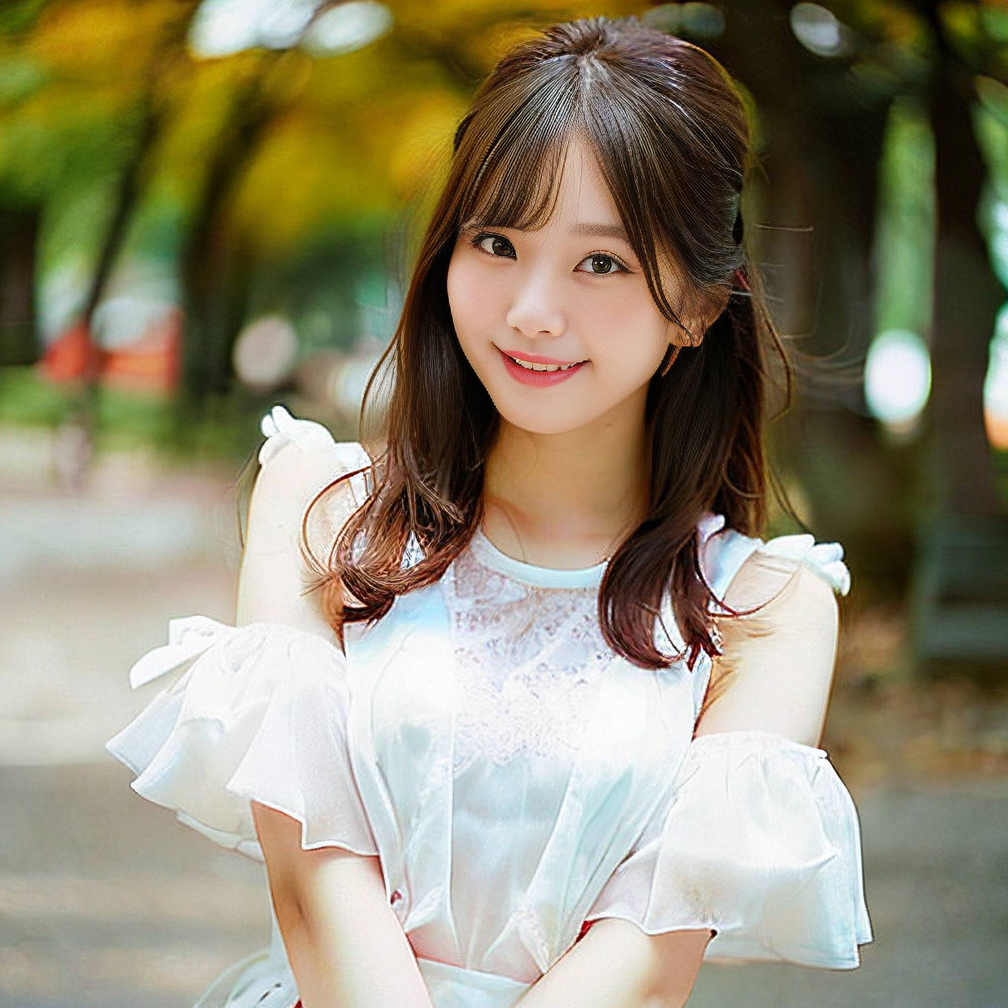a young woman in a white dress holding a pink flower 