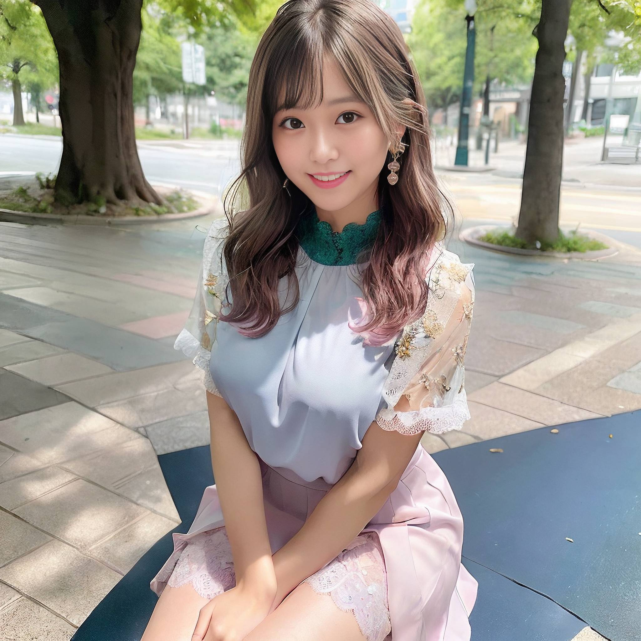 a young woman sitting on a park bench 