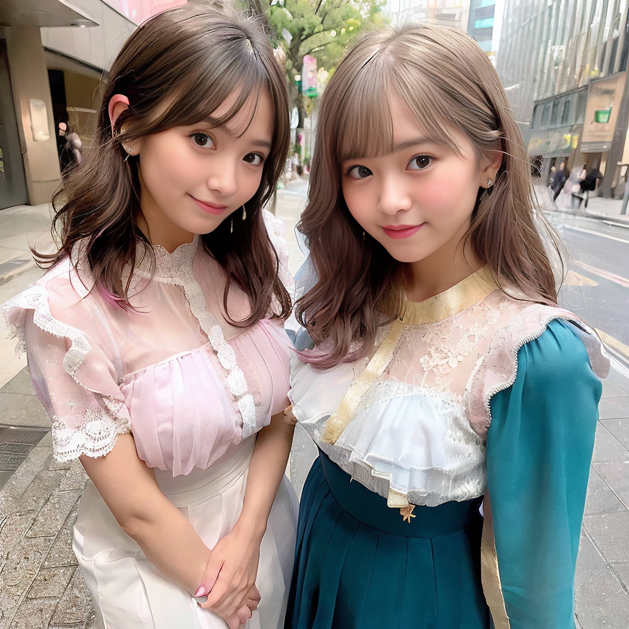 two young girls posing for a picture in front of a building 