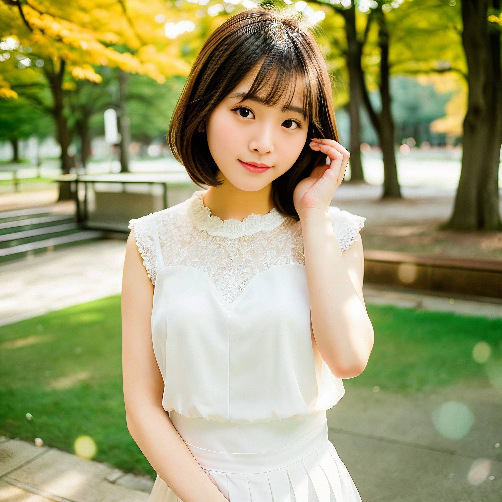 a young girl standing in a park holding a cell phone 