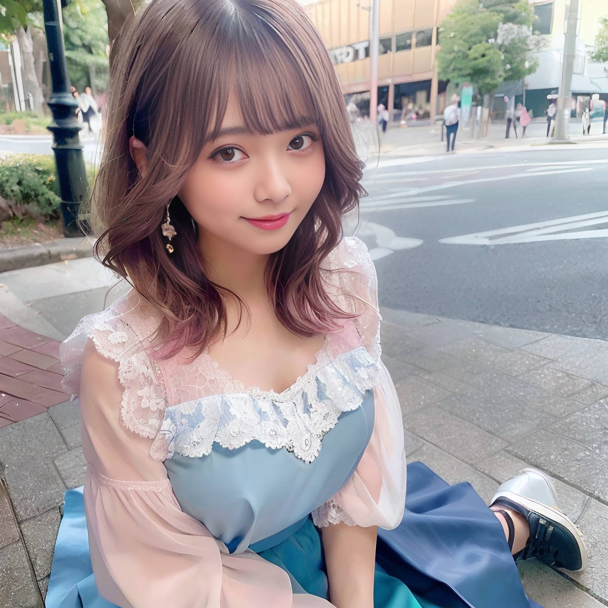 a woman in a blue dress holding a pink flower 