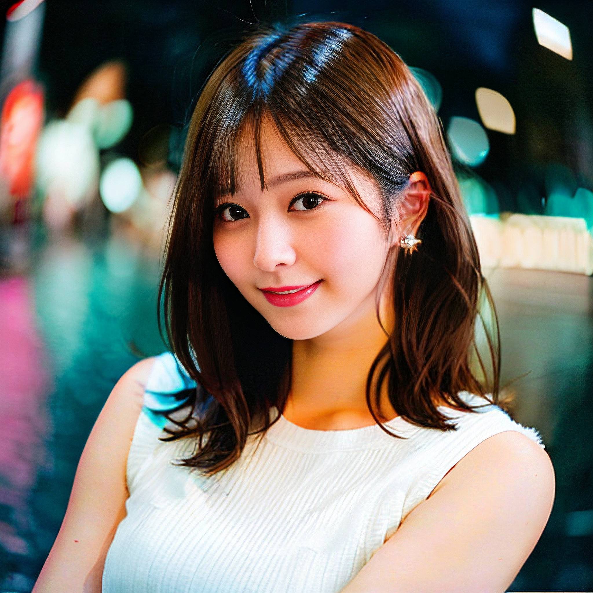 a beautiful young woman smiling while holding a white purse 
