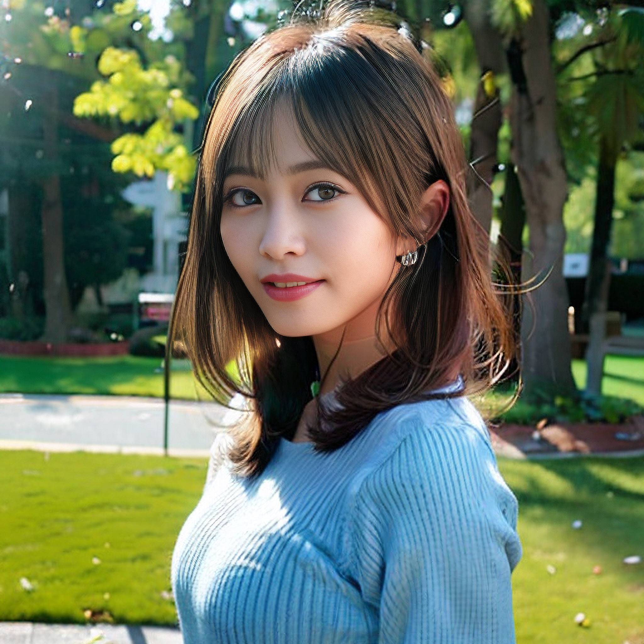 a young girl posing for a picture in front of a tree 