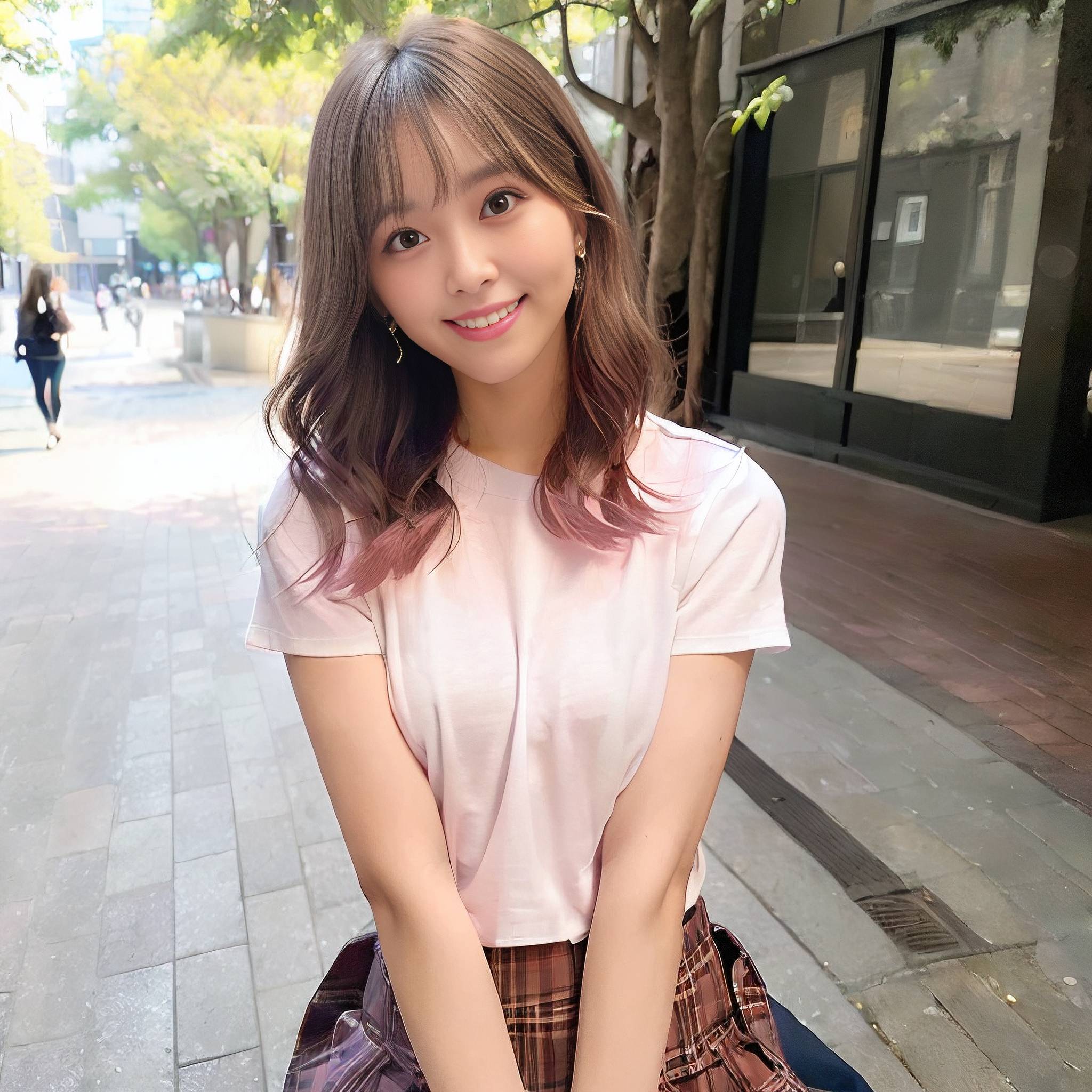 a young woman standing on a sidewalk next to a building 