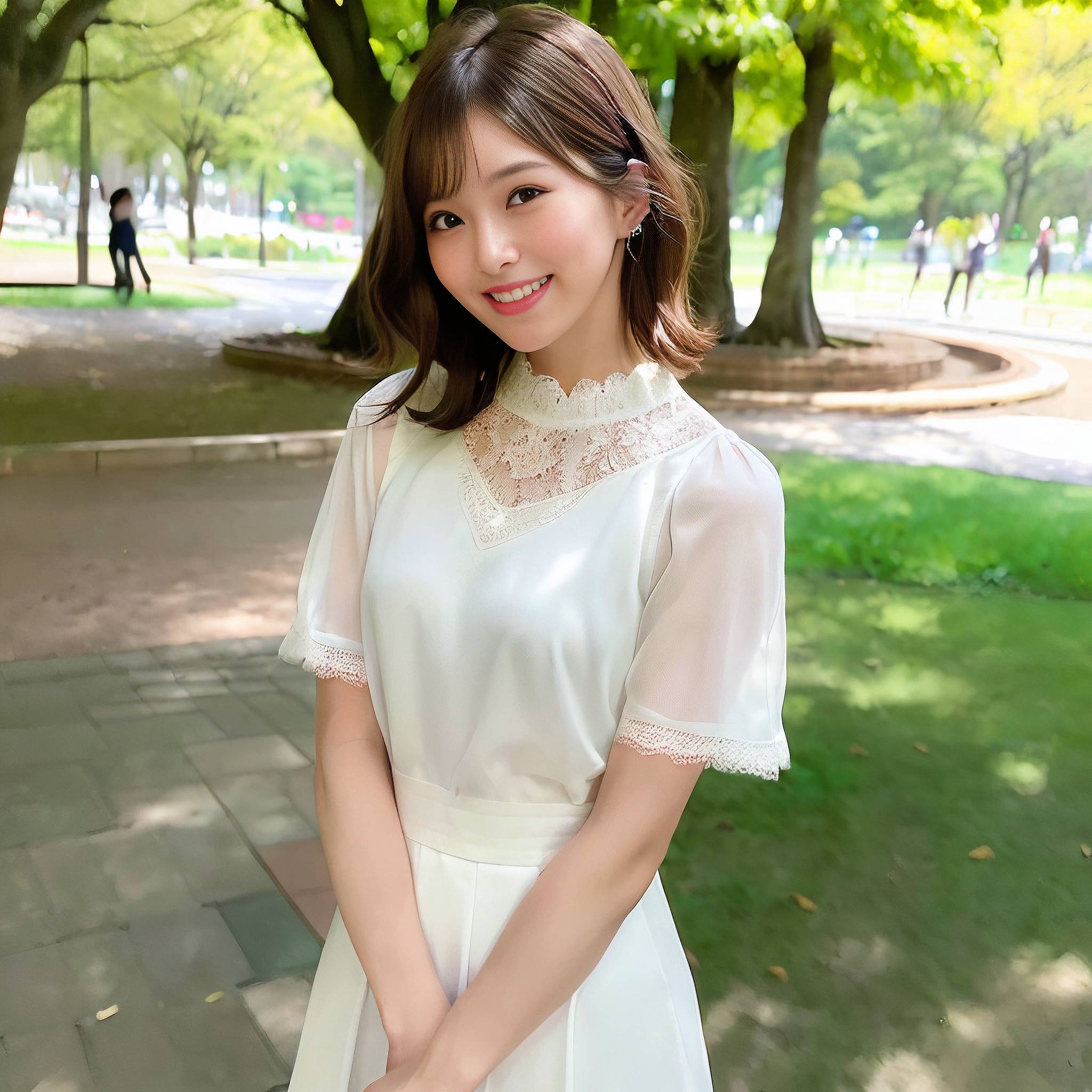 a woman in a white dress standing next to a tree 