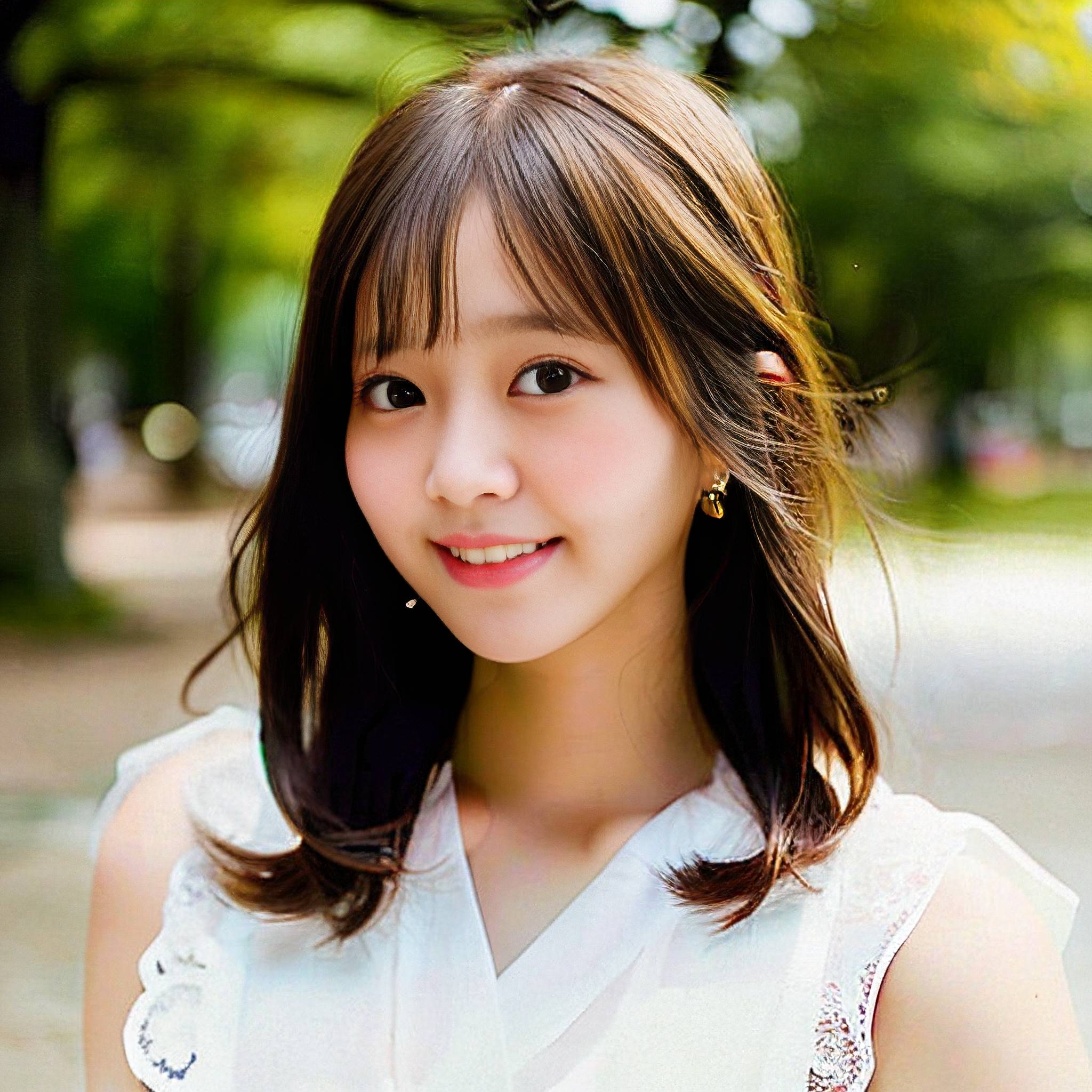 a young girl posing for a picture in a park 