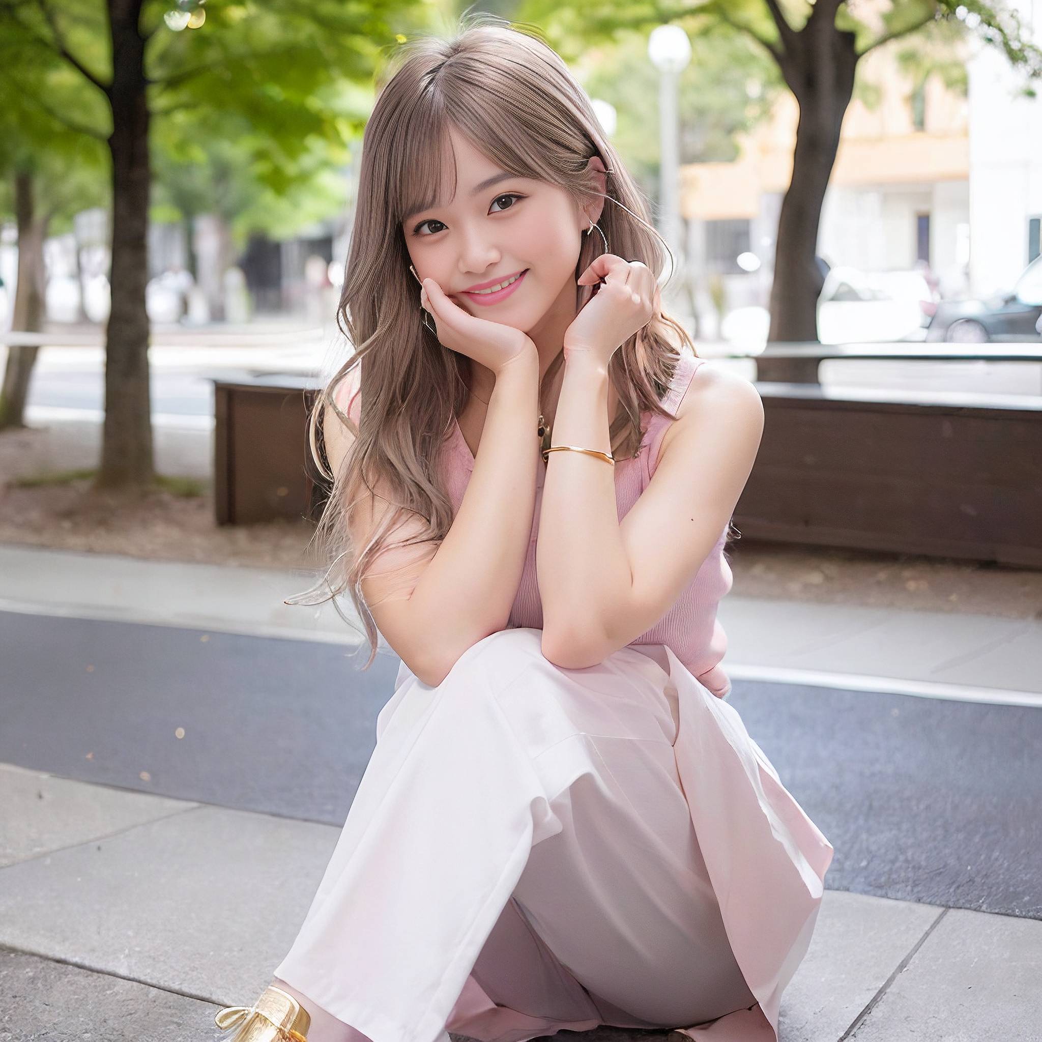 a young woman sitting on a sidewalk with a cell phone 
