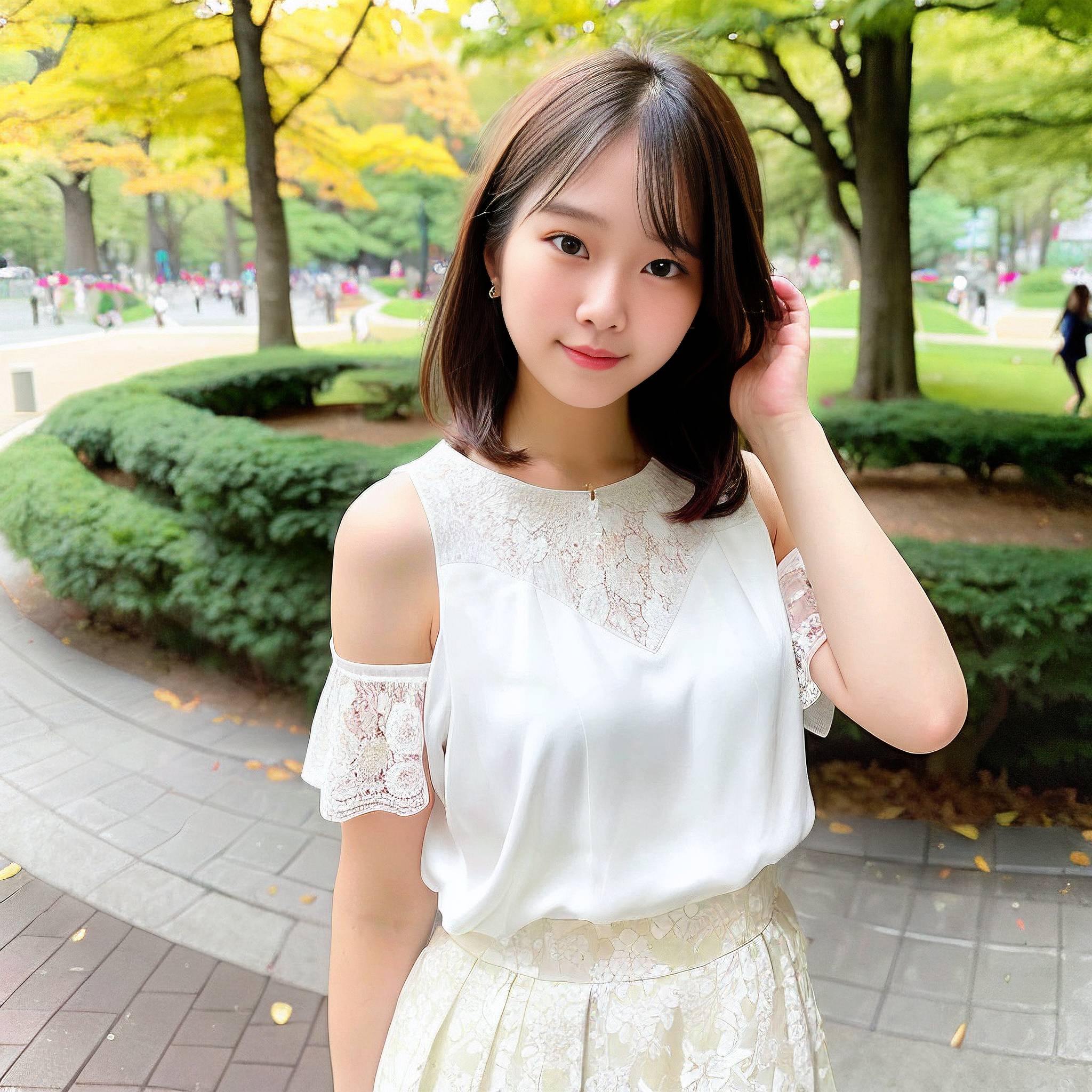a young woman is posing for a picture in a park 