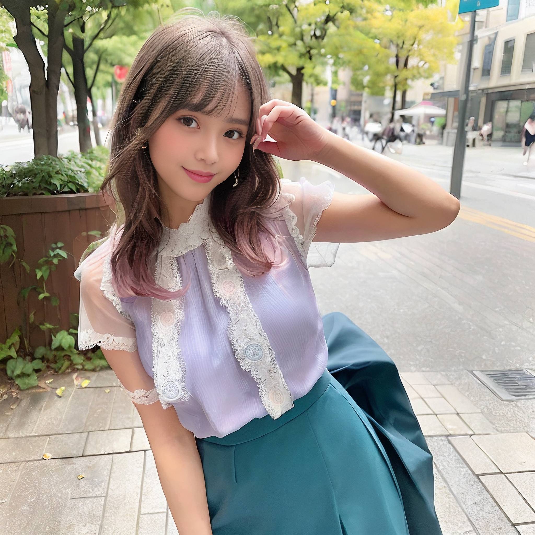 a young girl wearing a pink dress and holding a purple purse 