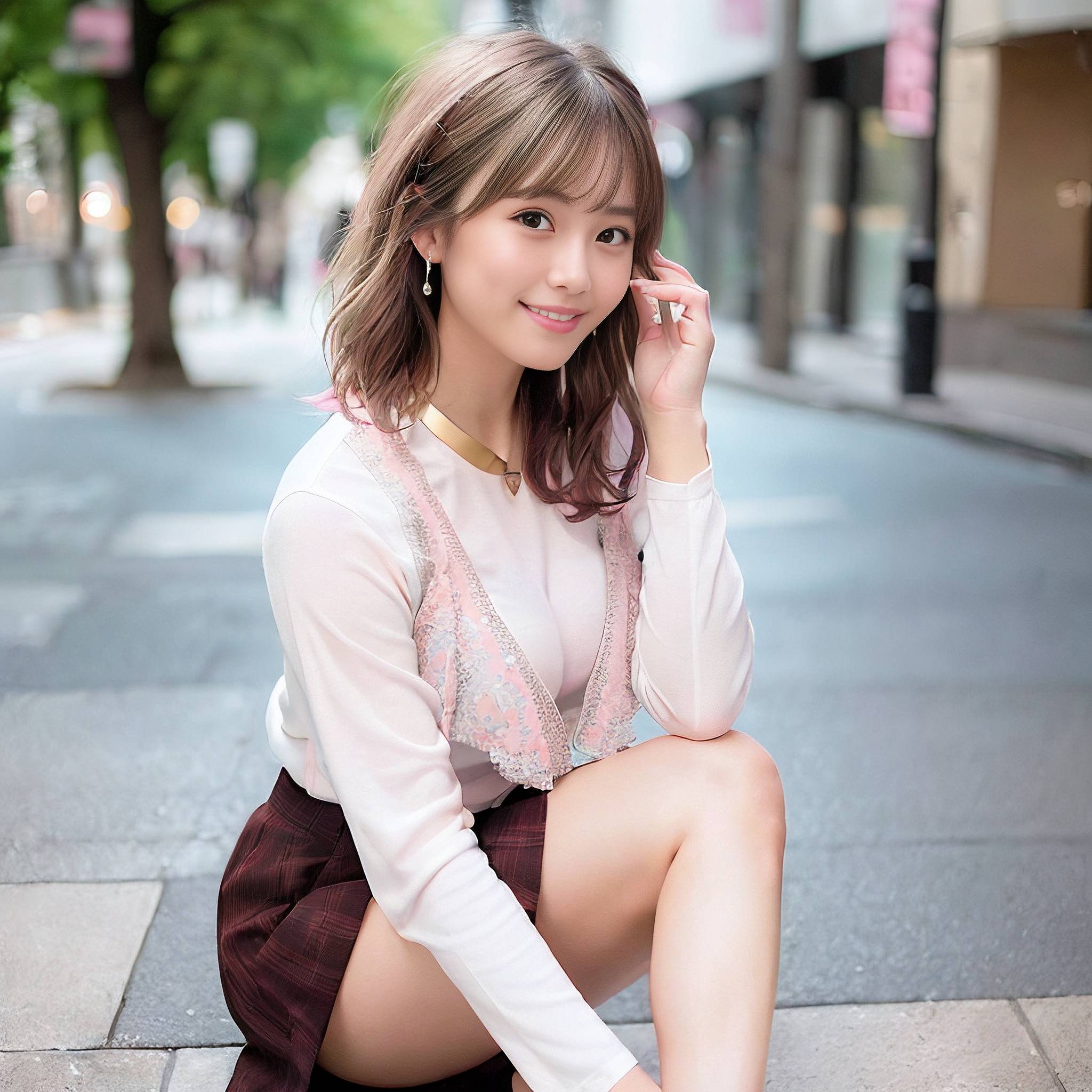 a woman sitting on a sidewalk talking on a cell phone 