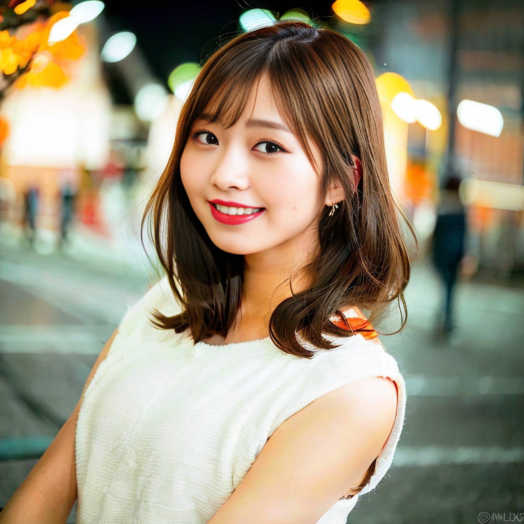 a beautiful young woman standing in the middle of a street 