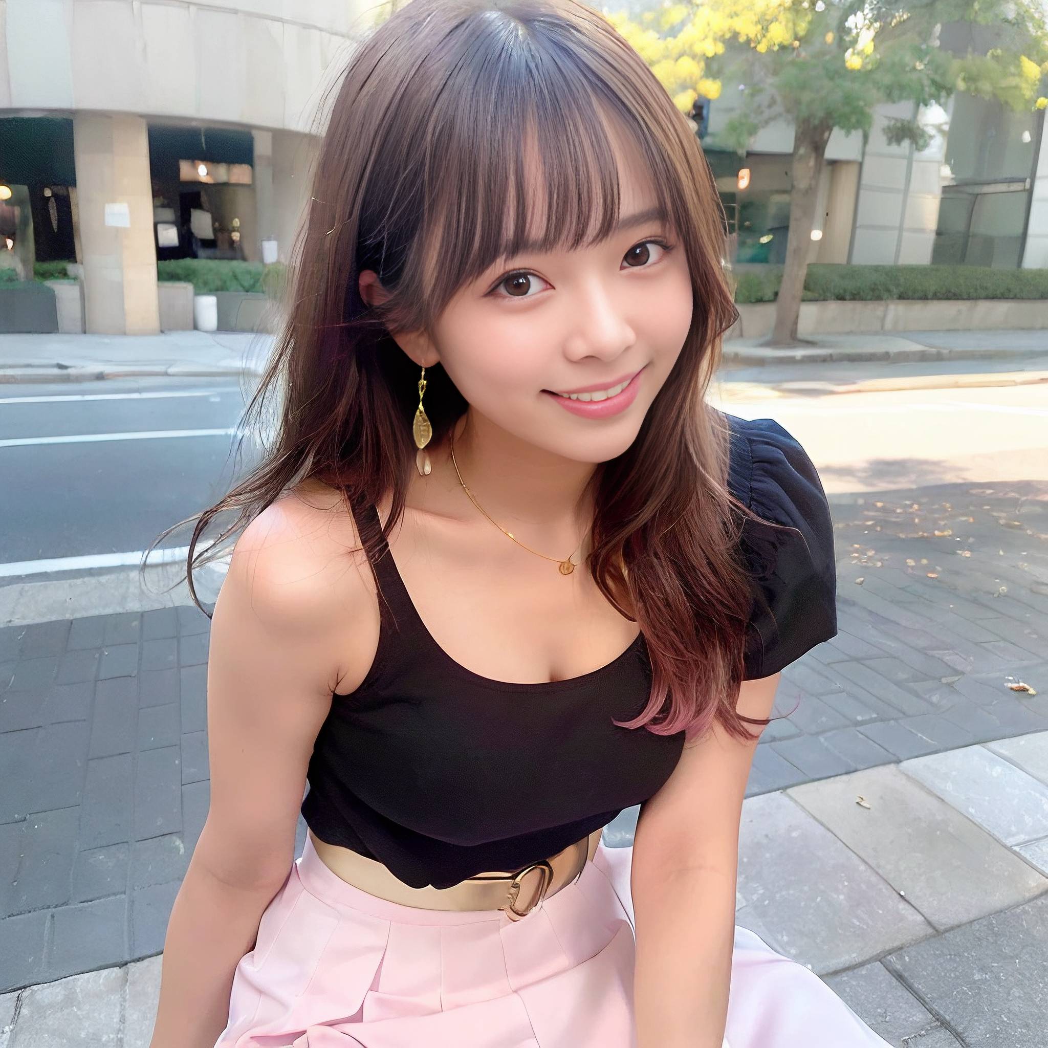 a beautiful young woman standing on a sidewalk 