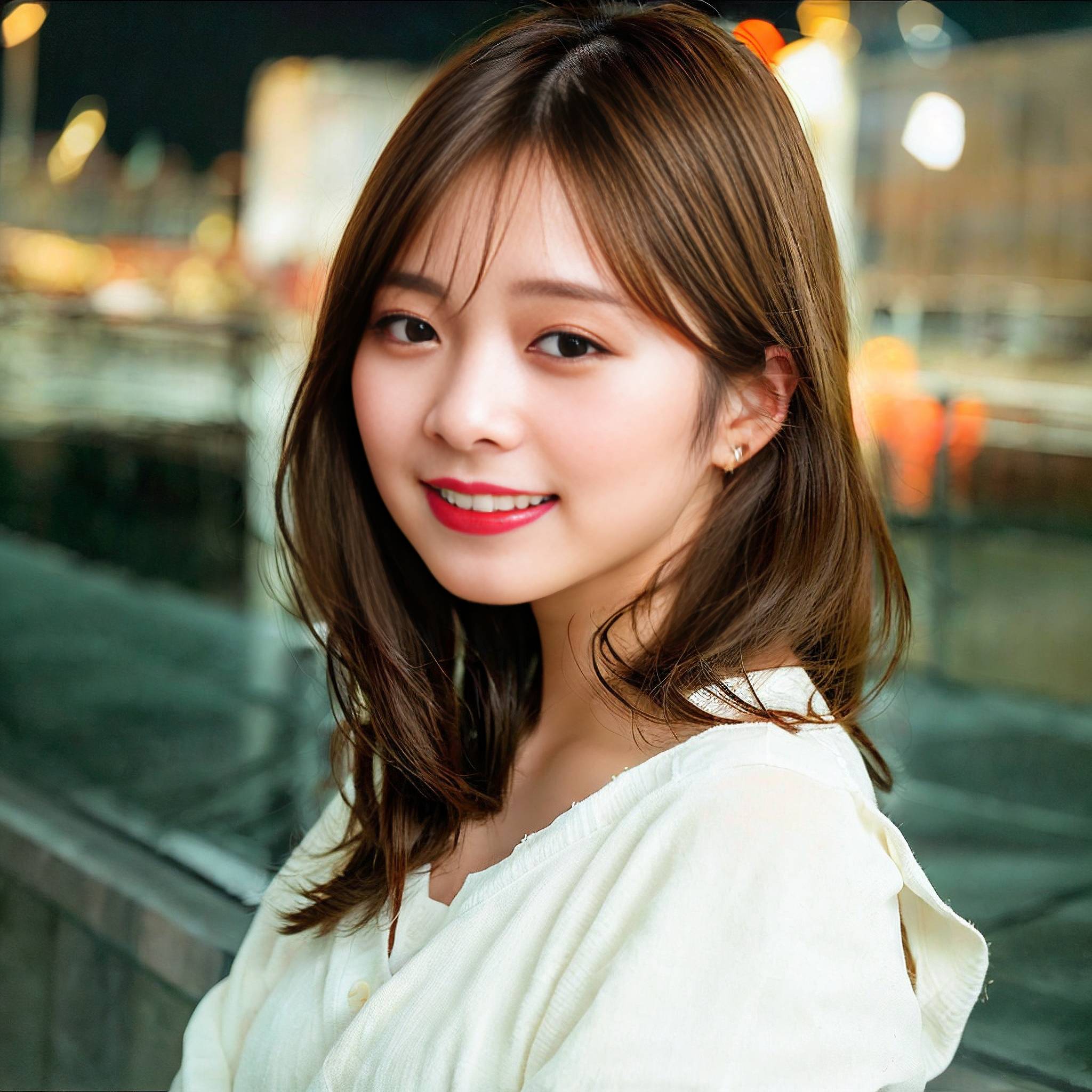 a woman in a white dress smiling at the camera 