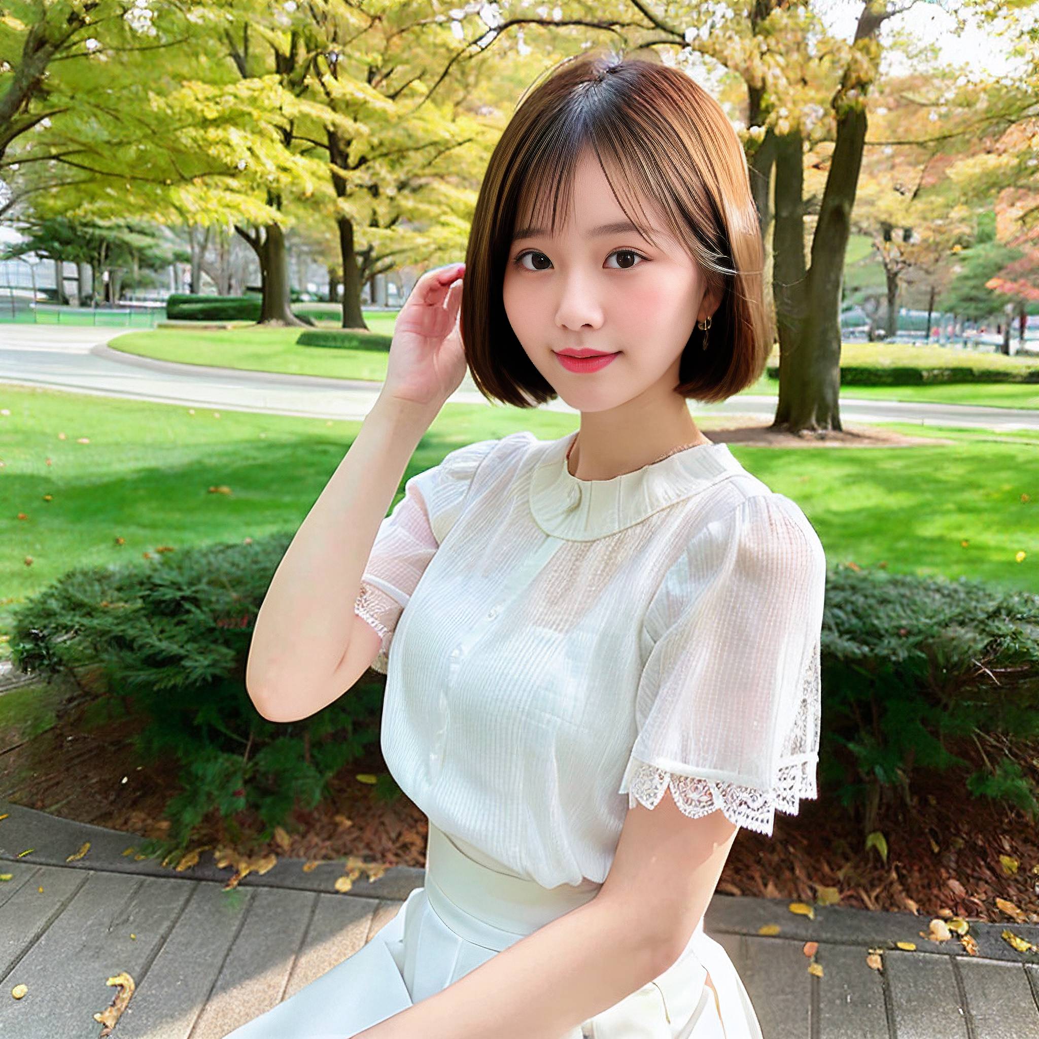 a beautiful young woman standing in front of a tree 