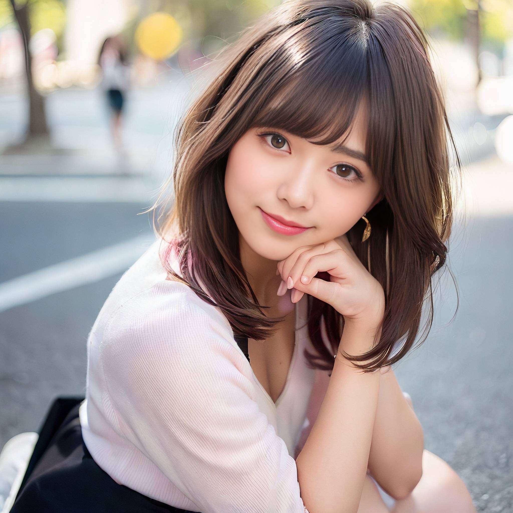 a beautiful young woman sitting on the side of a road 