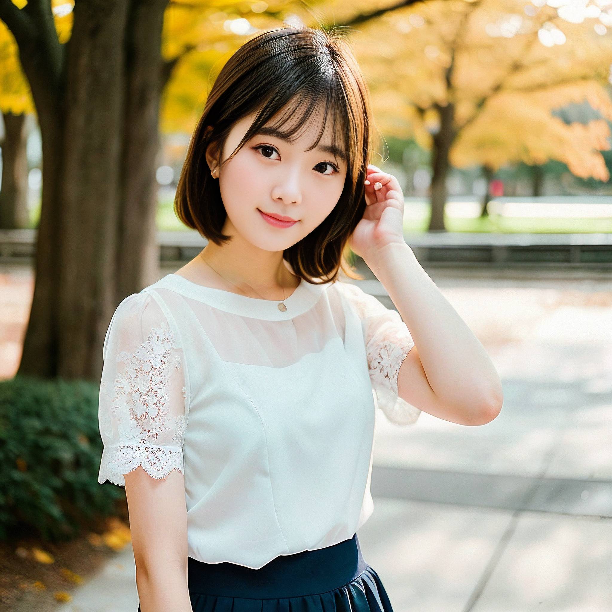 a young woman standing on a sidewalk with a flower in her hand 