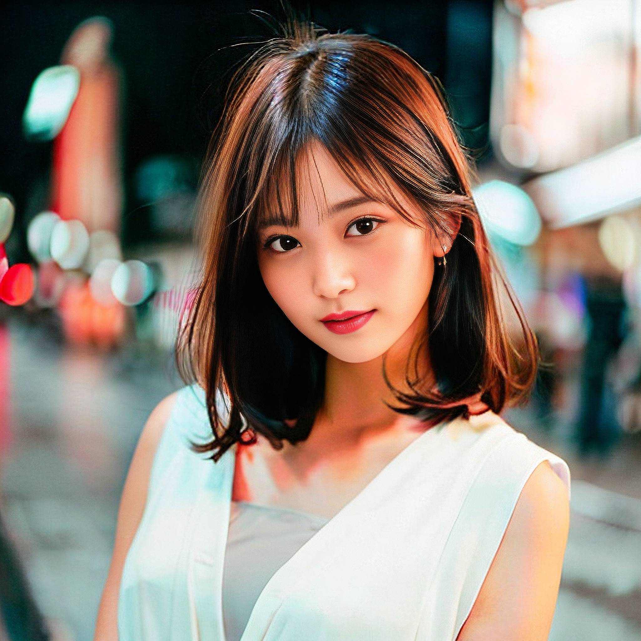 a beautiful young woman standing in front of a tall building 