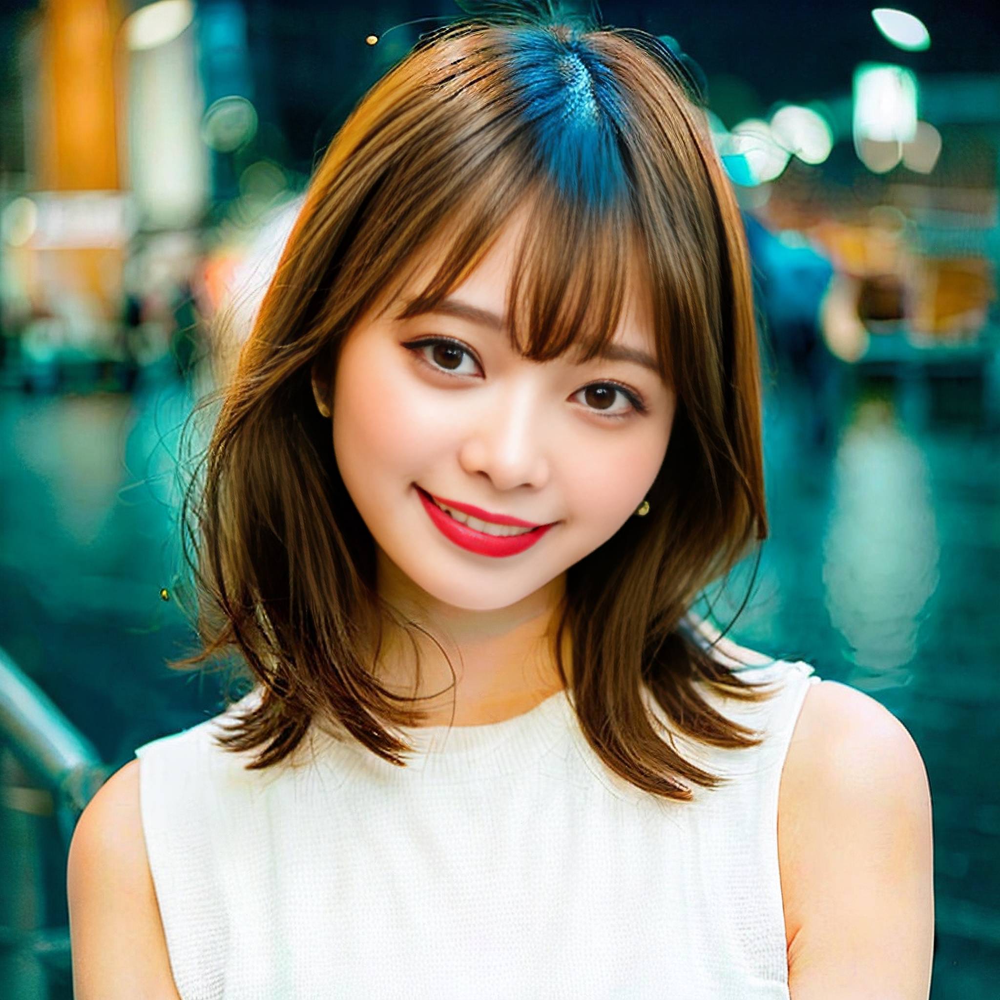 a woman in a white dress smiling at the camera 