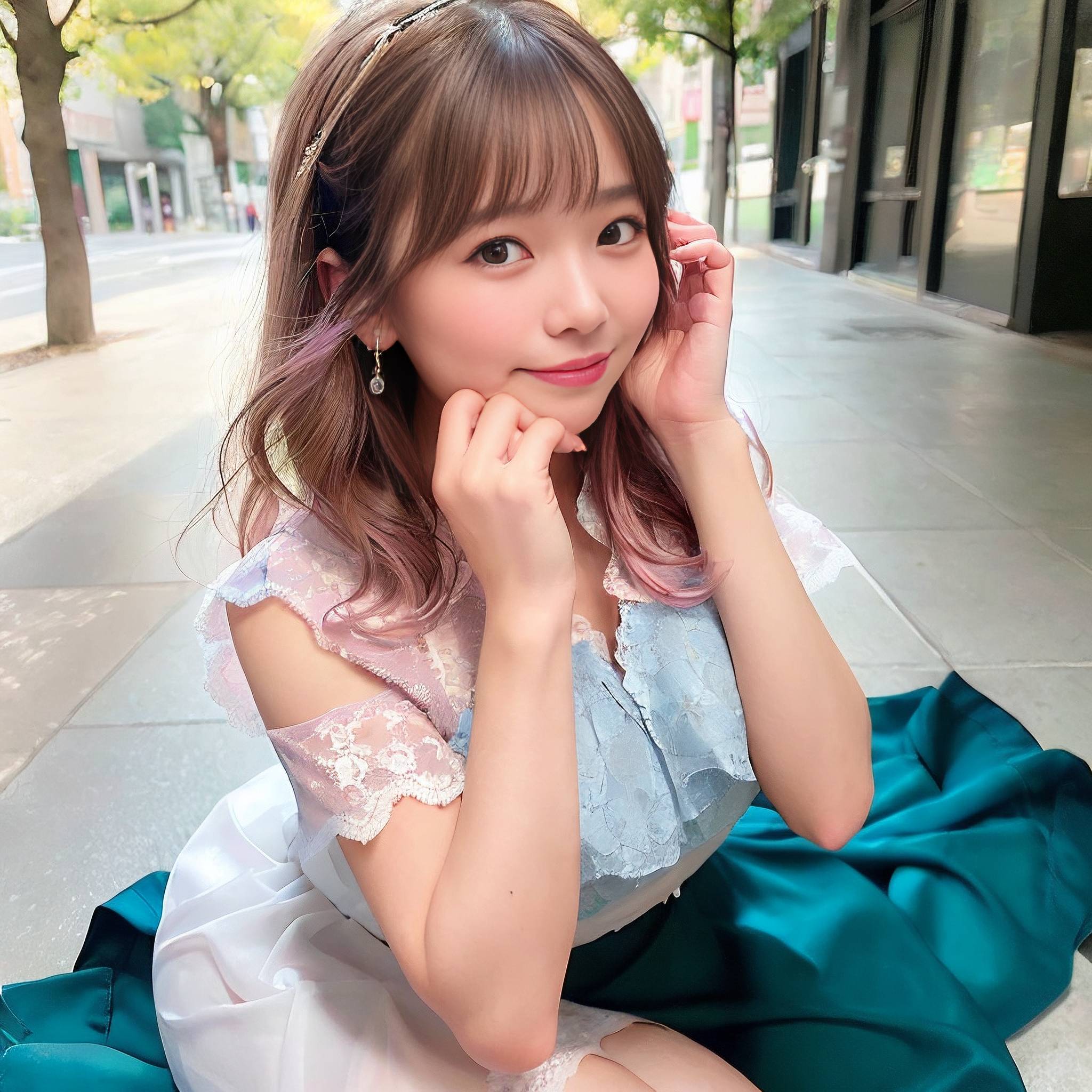 a young woman sitting on the ground with her hands in her pockets 