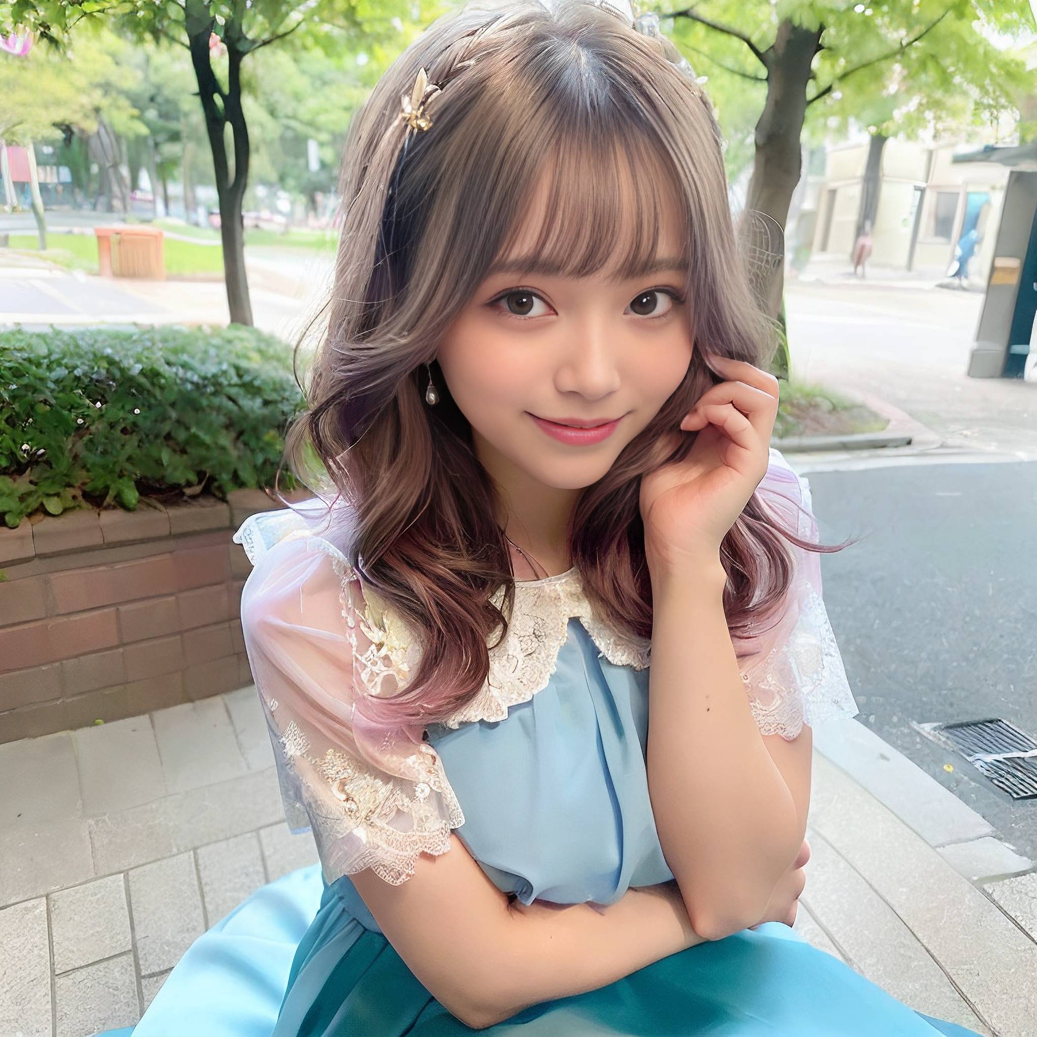 a young girl sitting on a sidewalk talking on a cell phone 